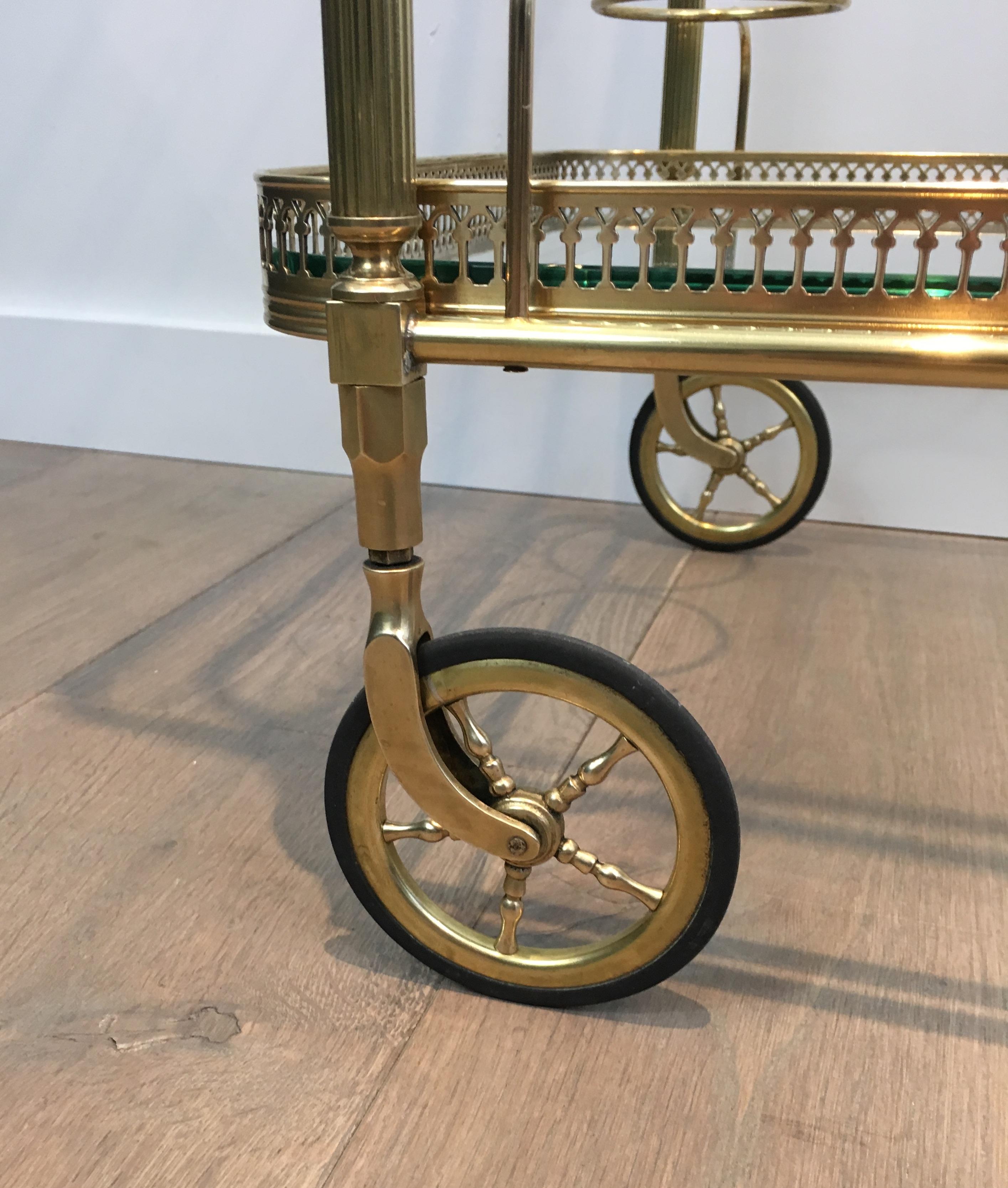 Mid-20th Century Neoclassical Brass Bar Cart with Large Wheels, French, circa 1940