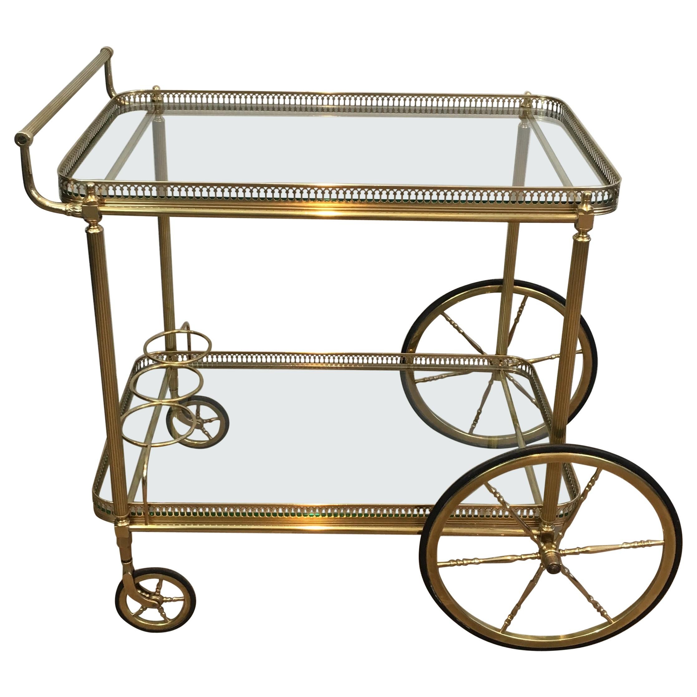 Neoclassical Brass Bar Cart with Large Wheels, French, circa 1940