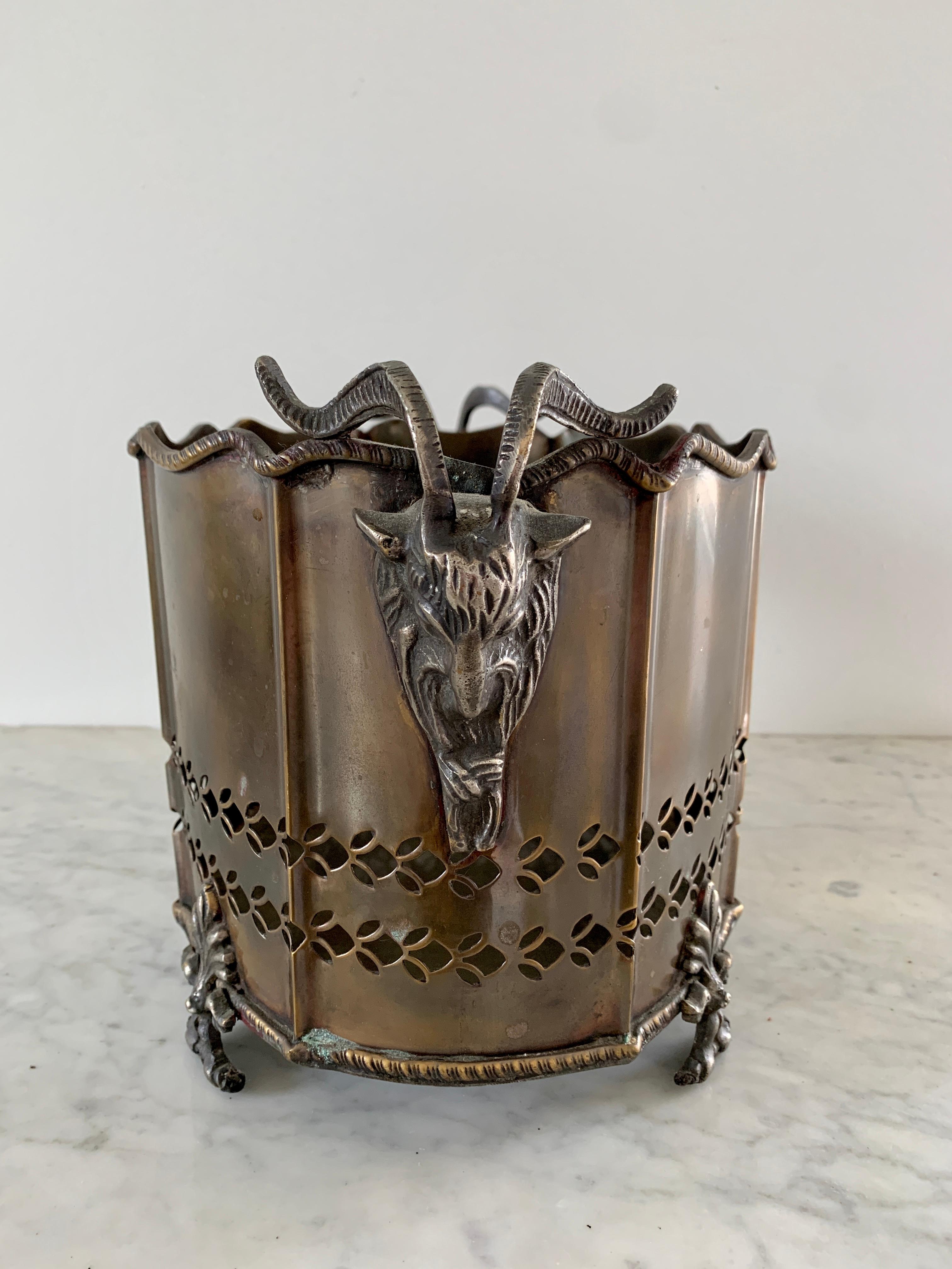 20th Century Neoclassical Brass Cachepot Planter with Ram's Heads For Sale