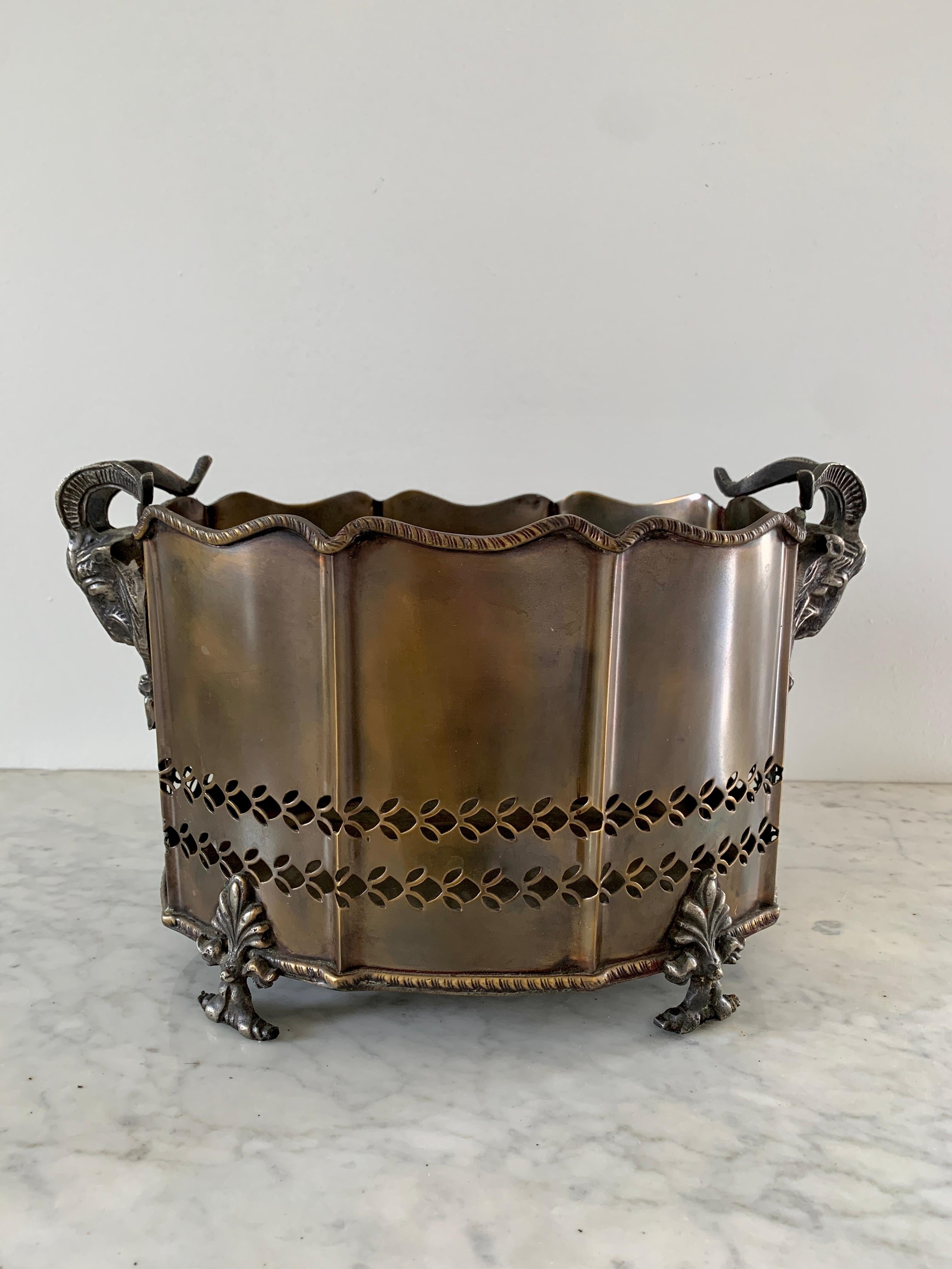 Neoclassical Brass Cachepot Planter with Ram's Heads For Sale 1