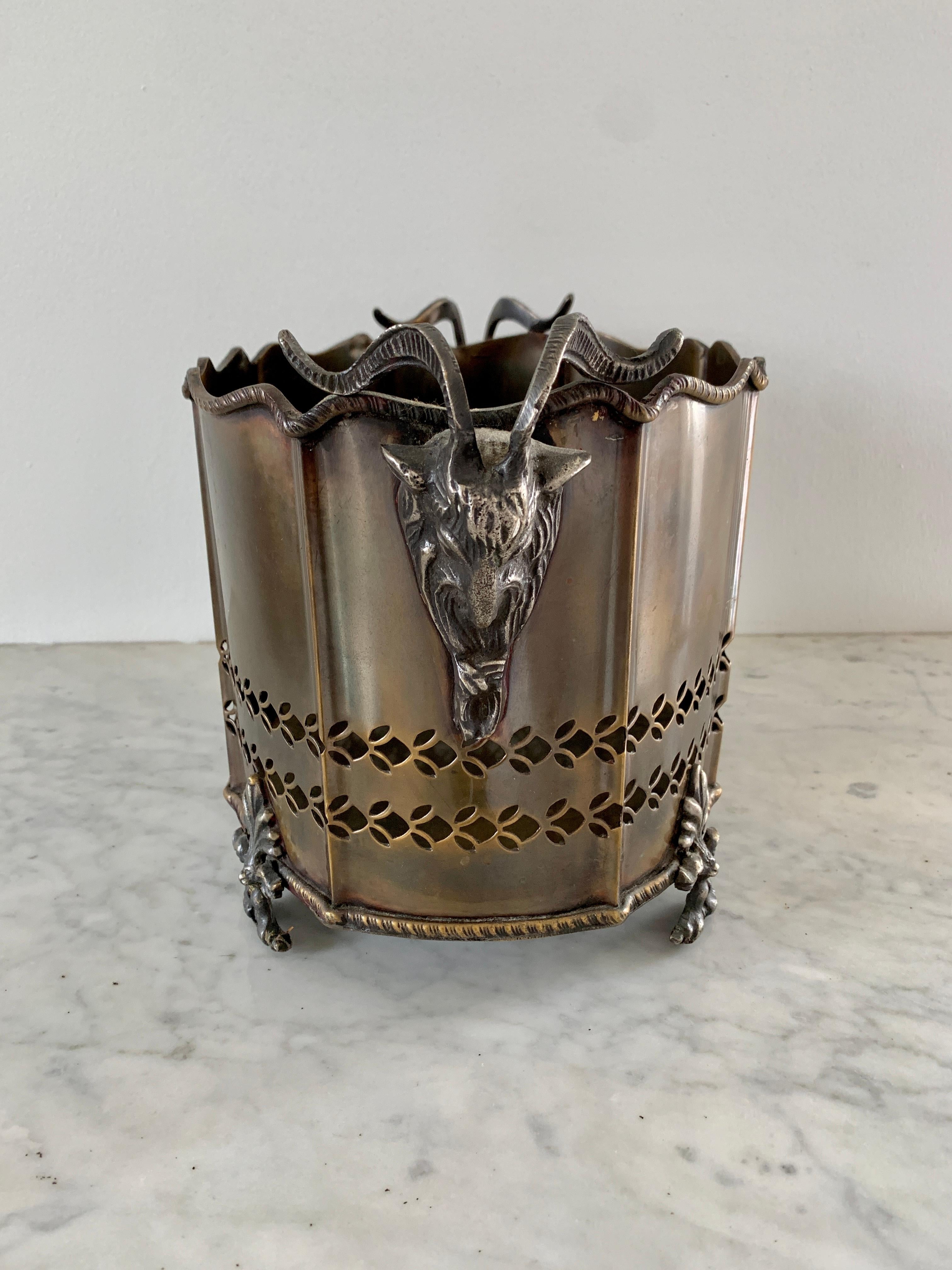 Neoclassical Brass Cachepot Planter with Ram's Heads For Sale 3