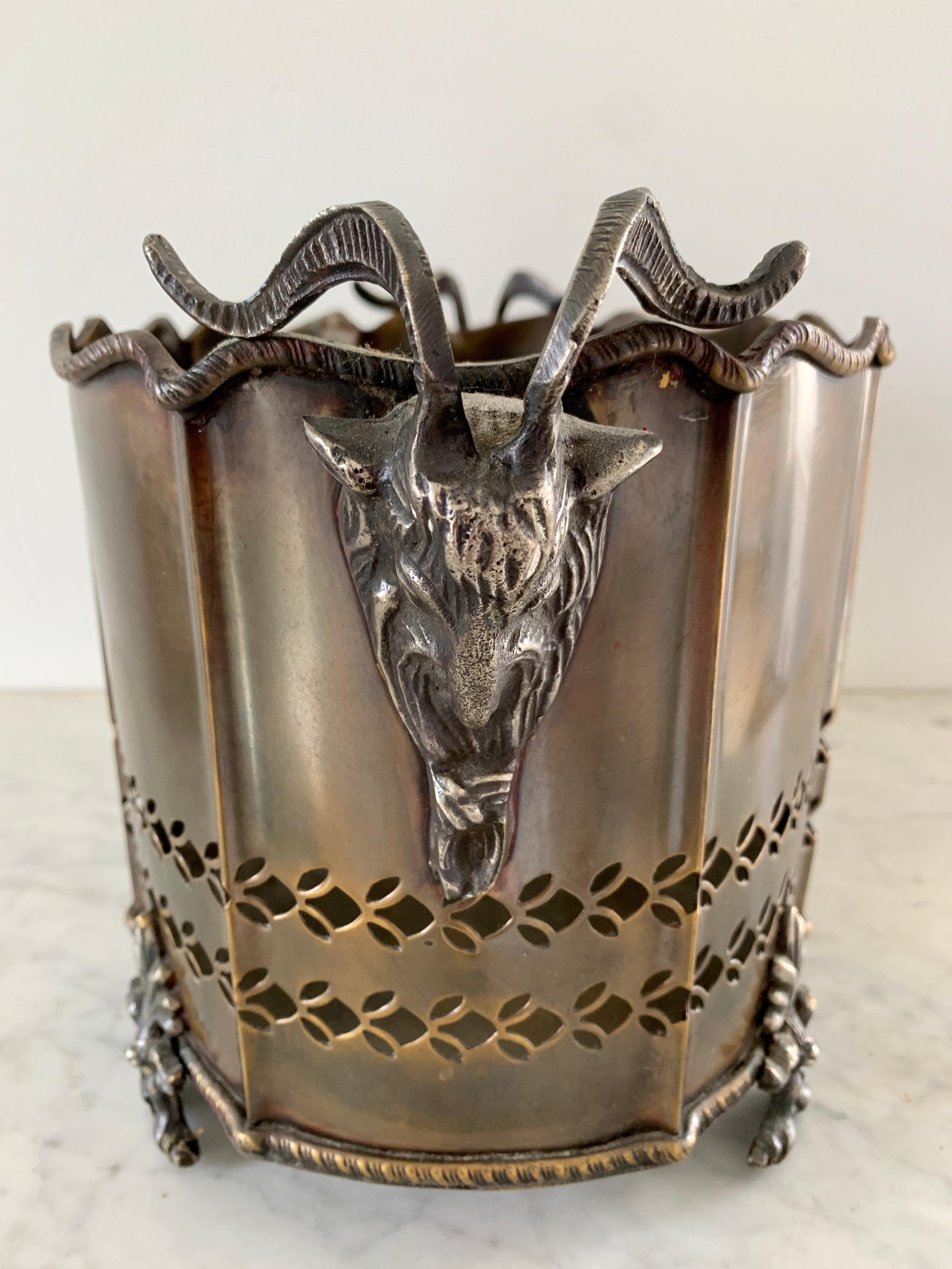 Neoclassical Brass Cachepot Planter with Ram's Heads For Sale 4