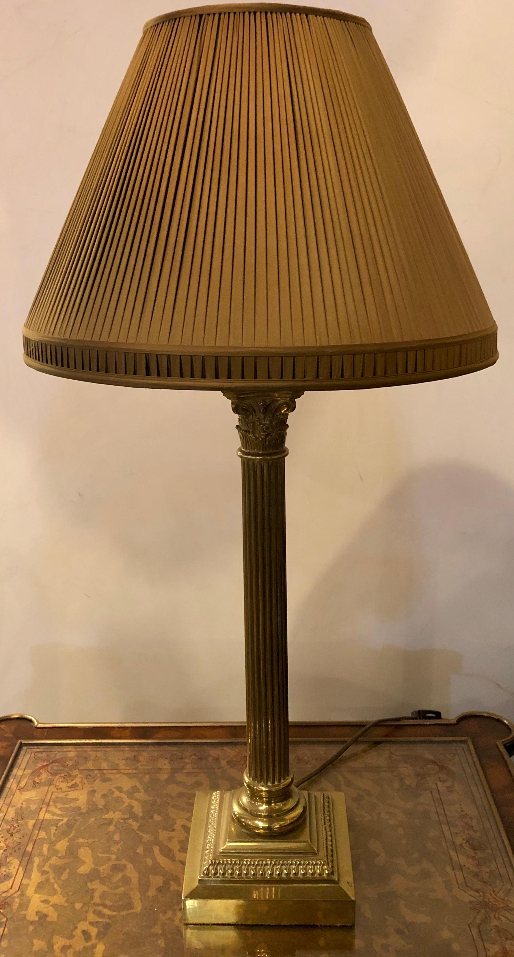 Neoclassical Brass Column Form Table Lamp with Custom Shade In Good Condition In Stamford, CT