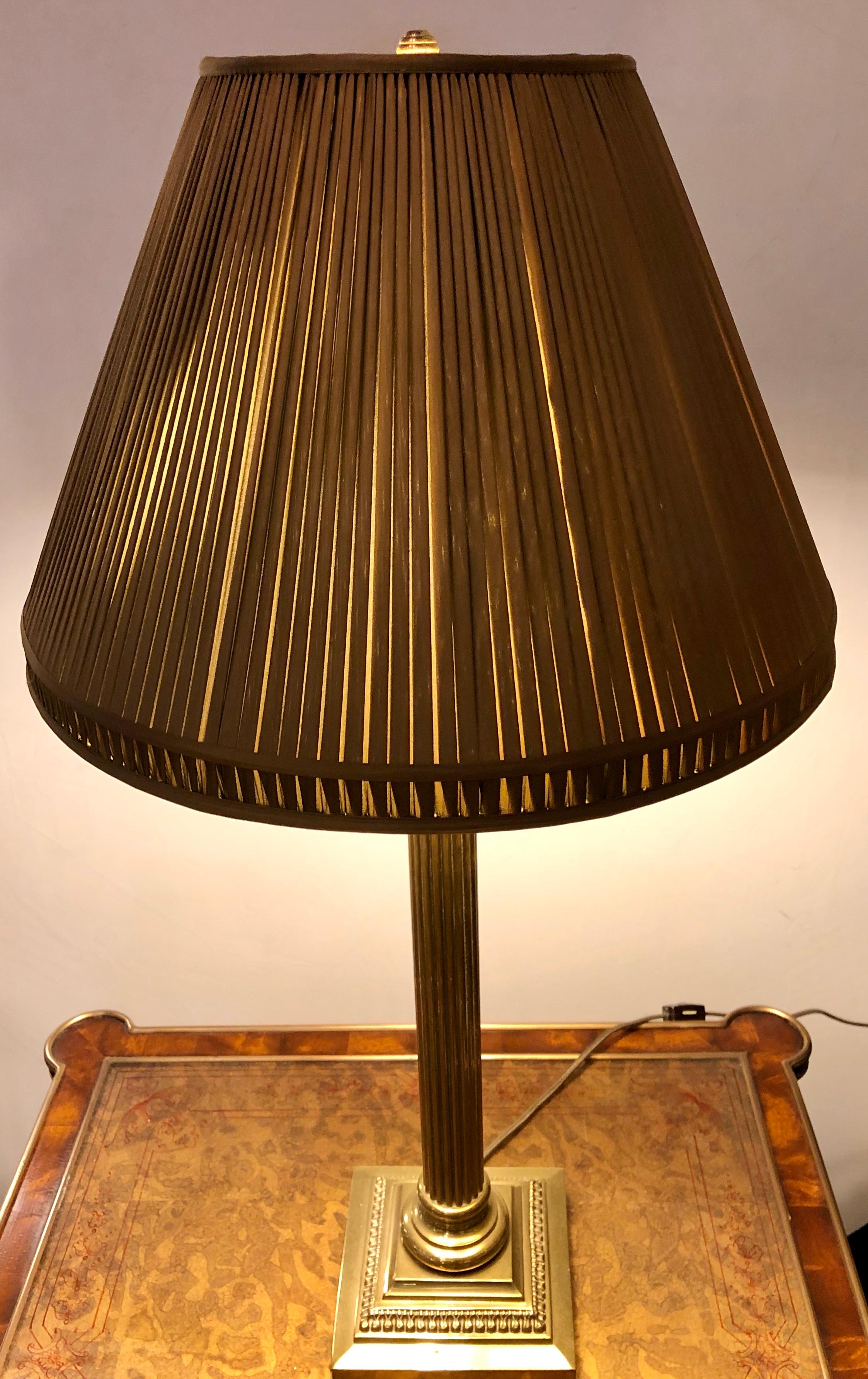 20th Century Neoclassical Brass Column Form Table Lamp with Custom Shade