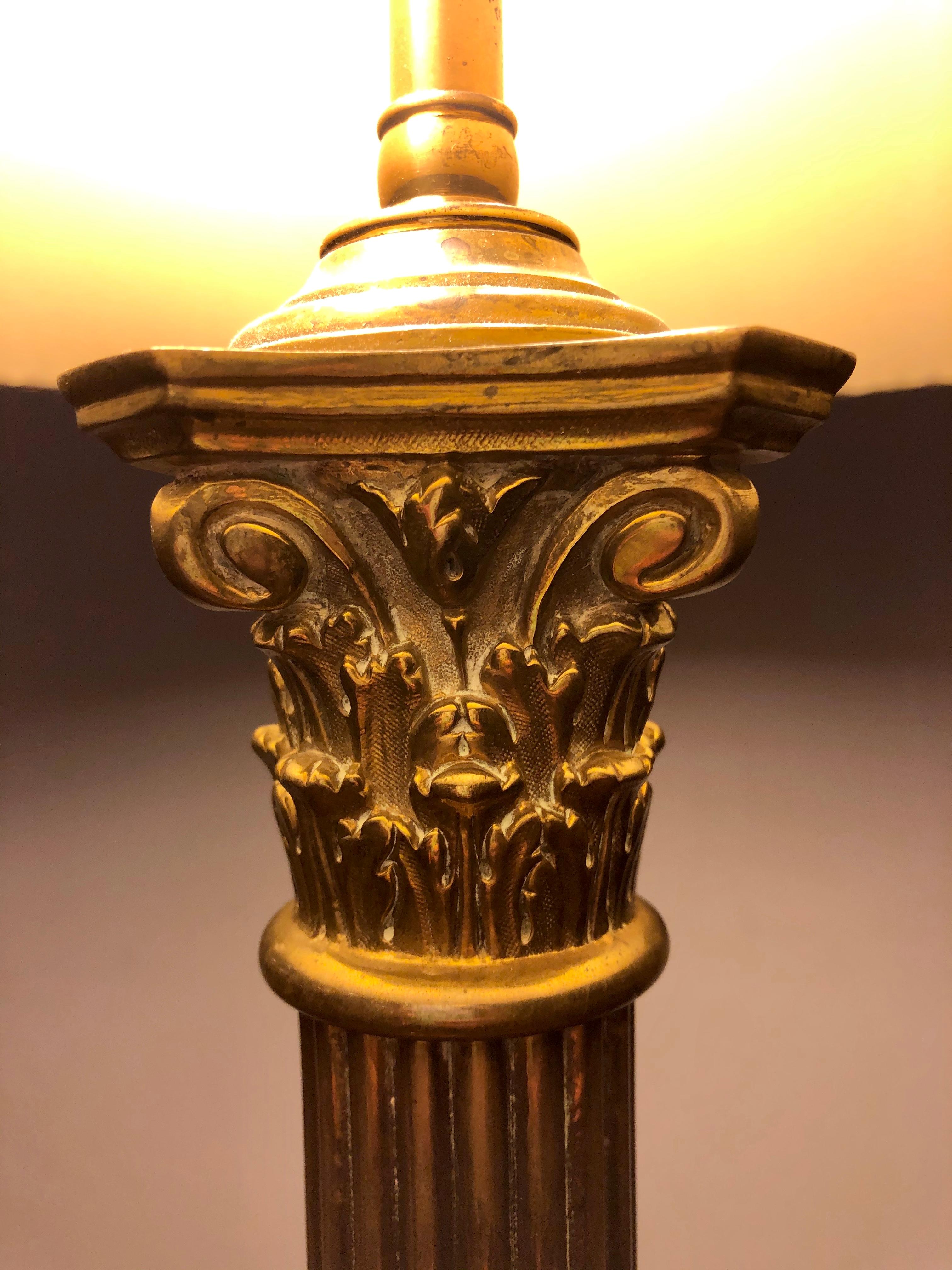 Neoclassical Brass Column Form Table Lamp with Custom Shade 1