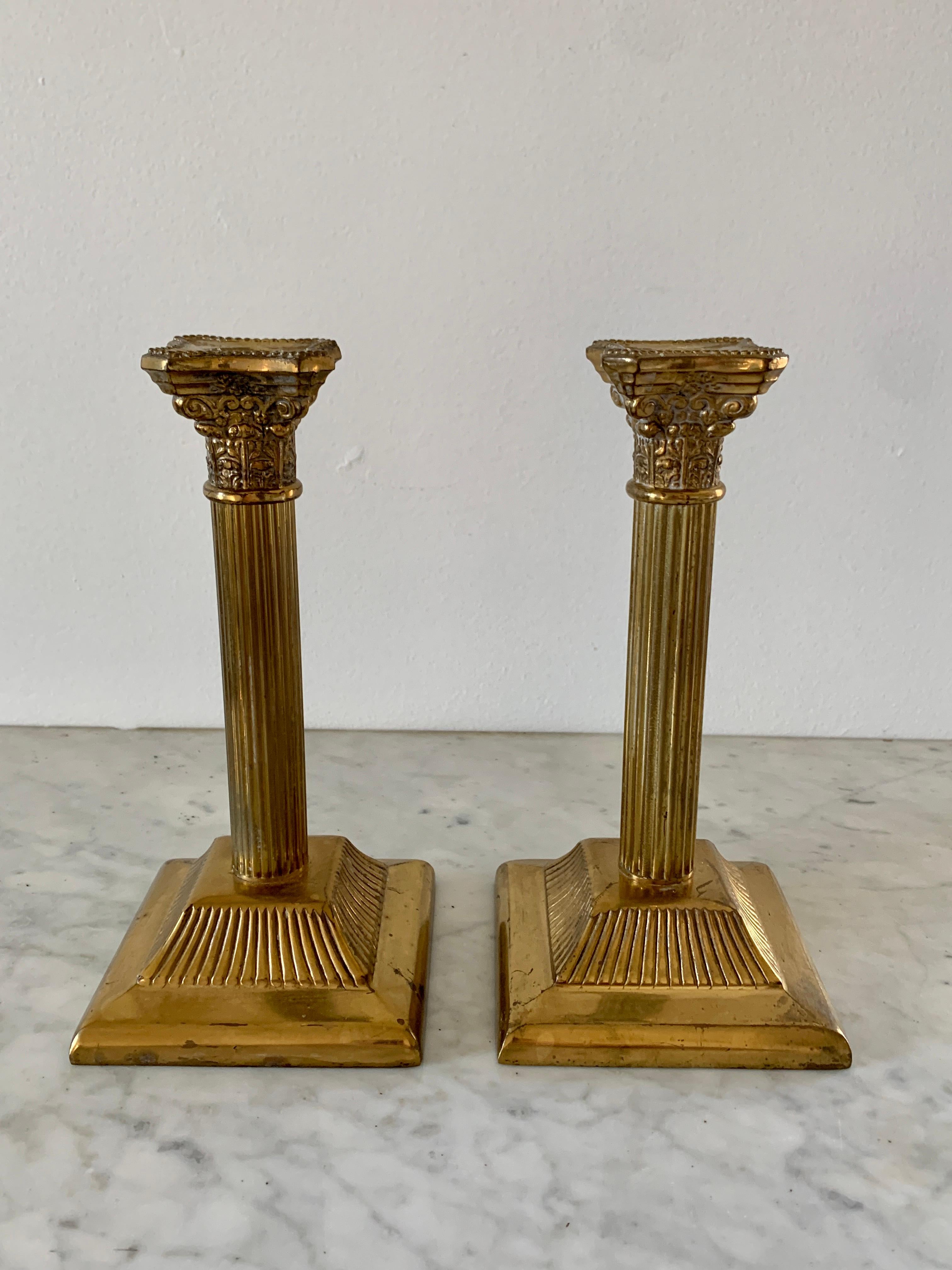 Classical Greek Neoclassical Brass Corinthian Column Candlesticks, Pair