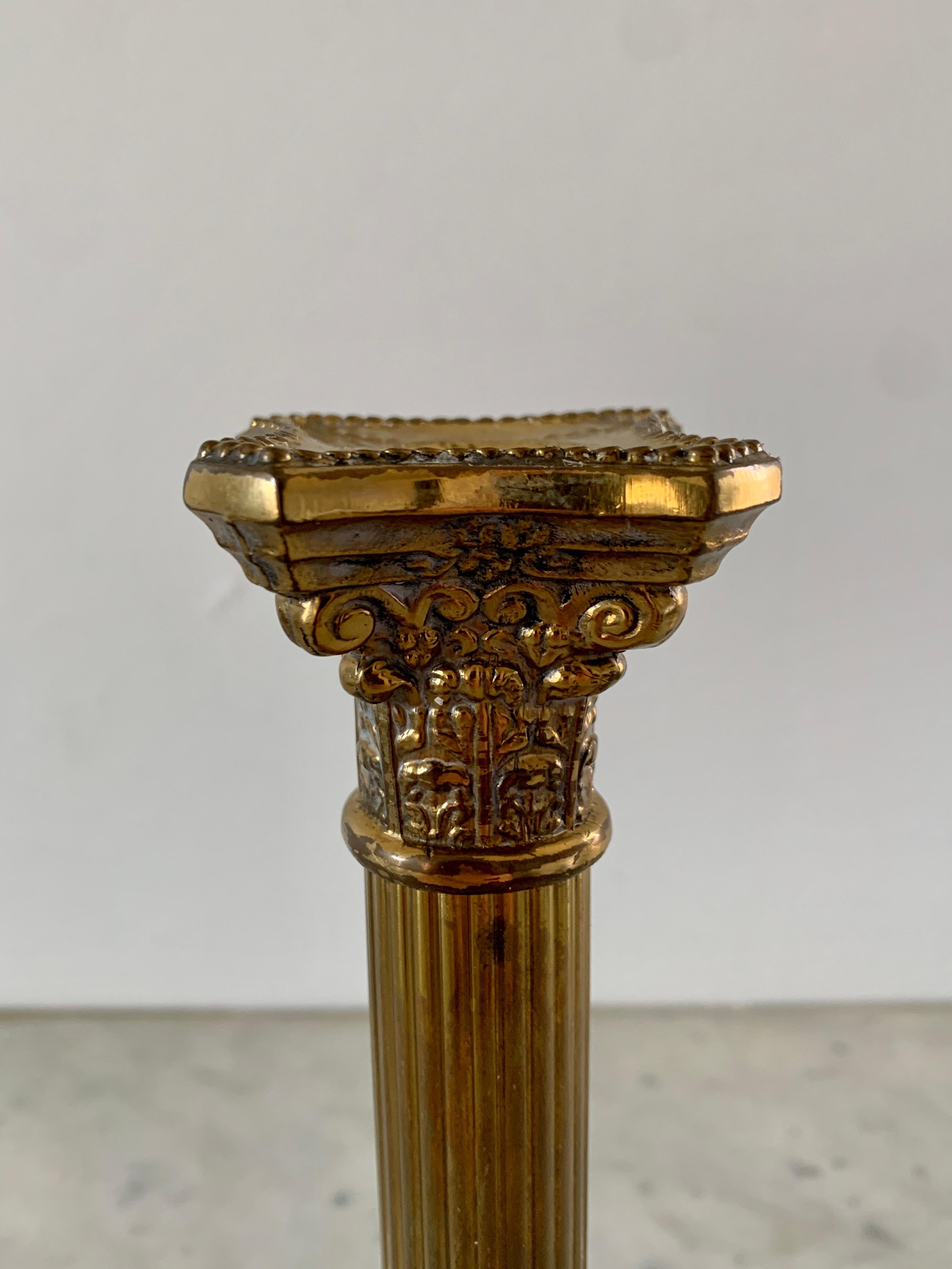 Late 20th Century Neoclassical Brass Corinthian Column Candlesticks, Pair