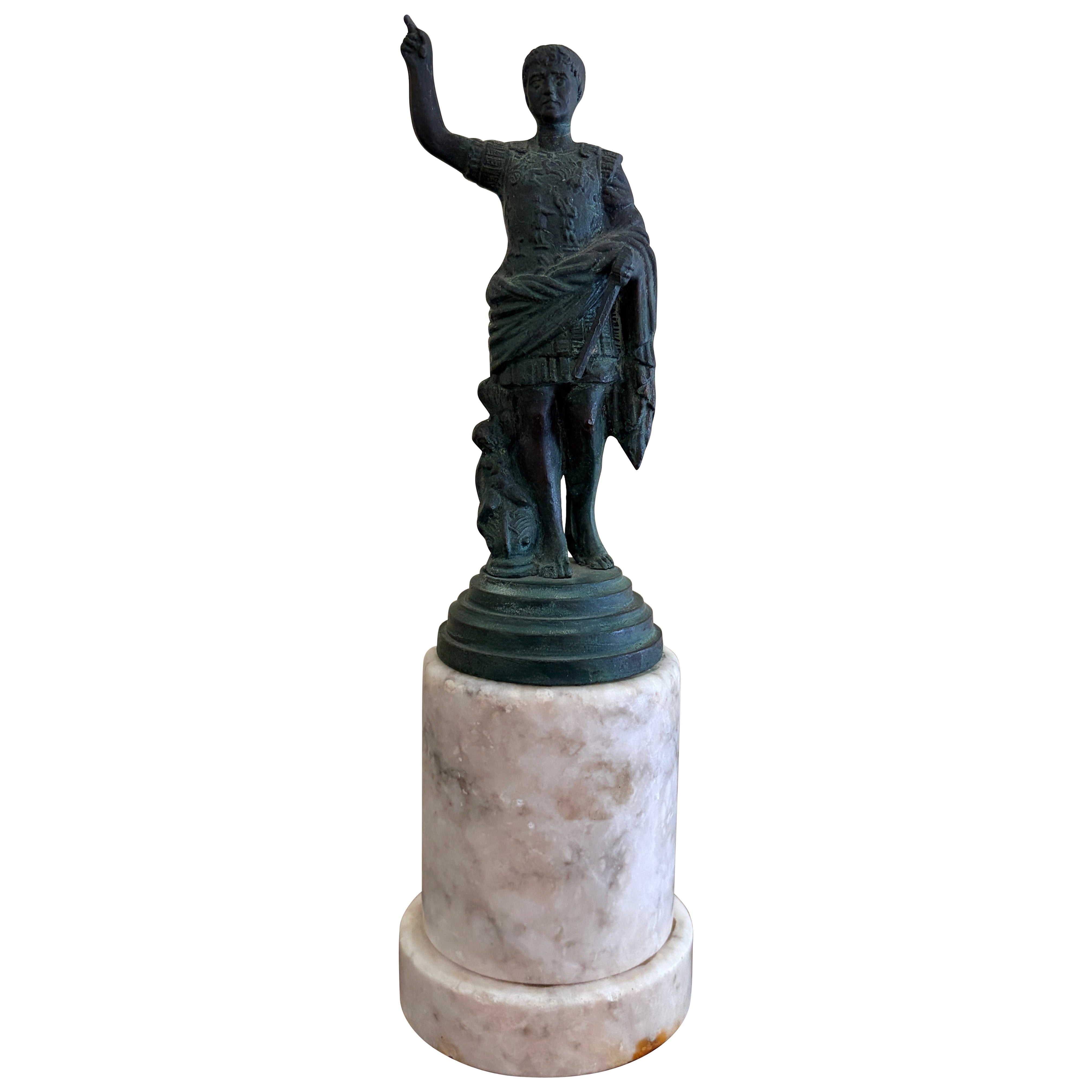 Neoclassical Brass Figure on Marble Base, Grand Tour Style Roman Sculpture For Sale