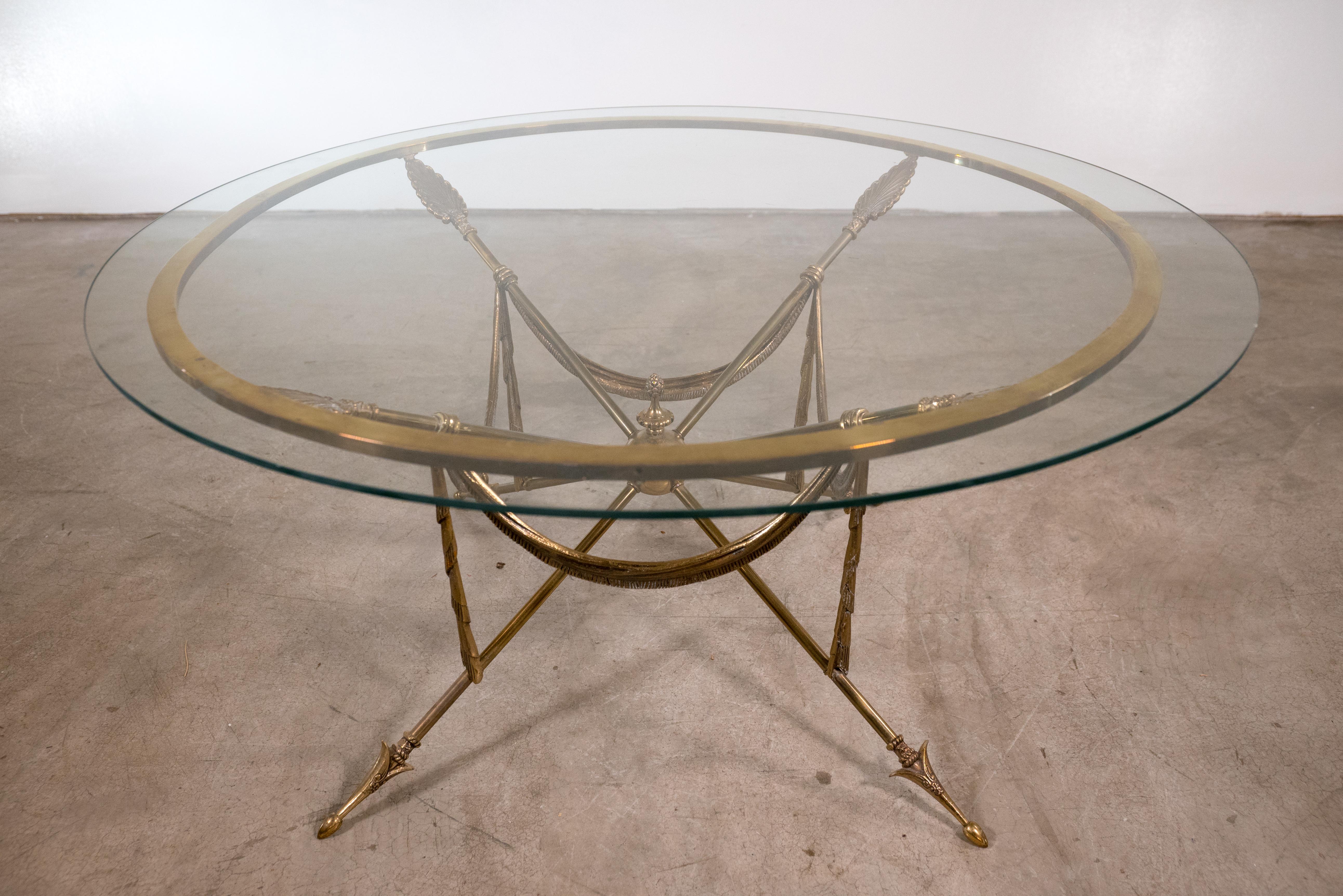 Neoclassical Brass Jansen Style Gueridon Coffee Table on Arrow Legs In Excellent Condition In St. Louis, MO