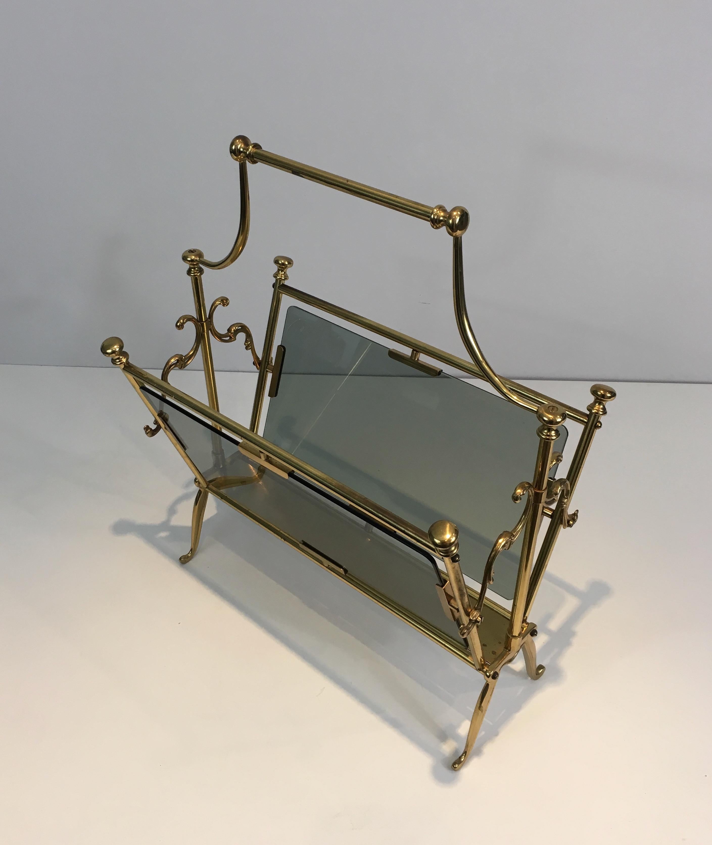Neoclassical Brass Magazine Rack with Blueish Glass Panels, French 6