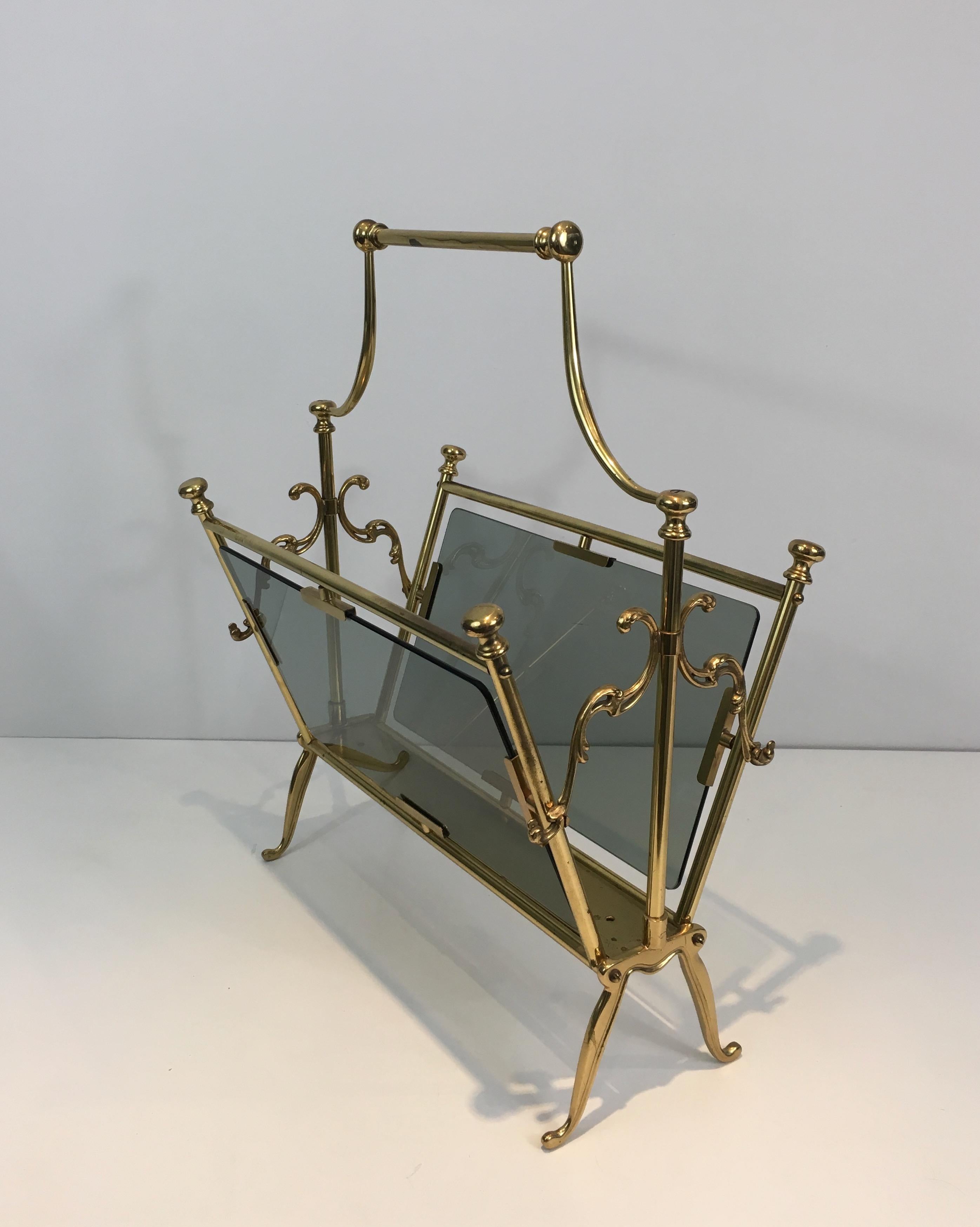 Neoclassical Brass Magazine Rack with Blueish Glass Panels, French 7