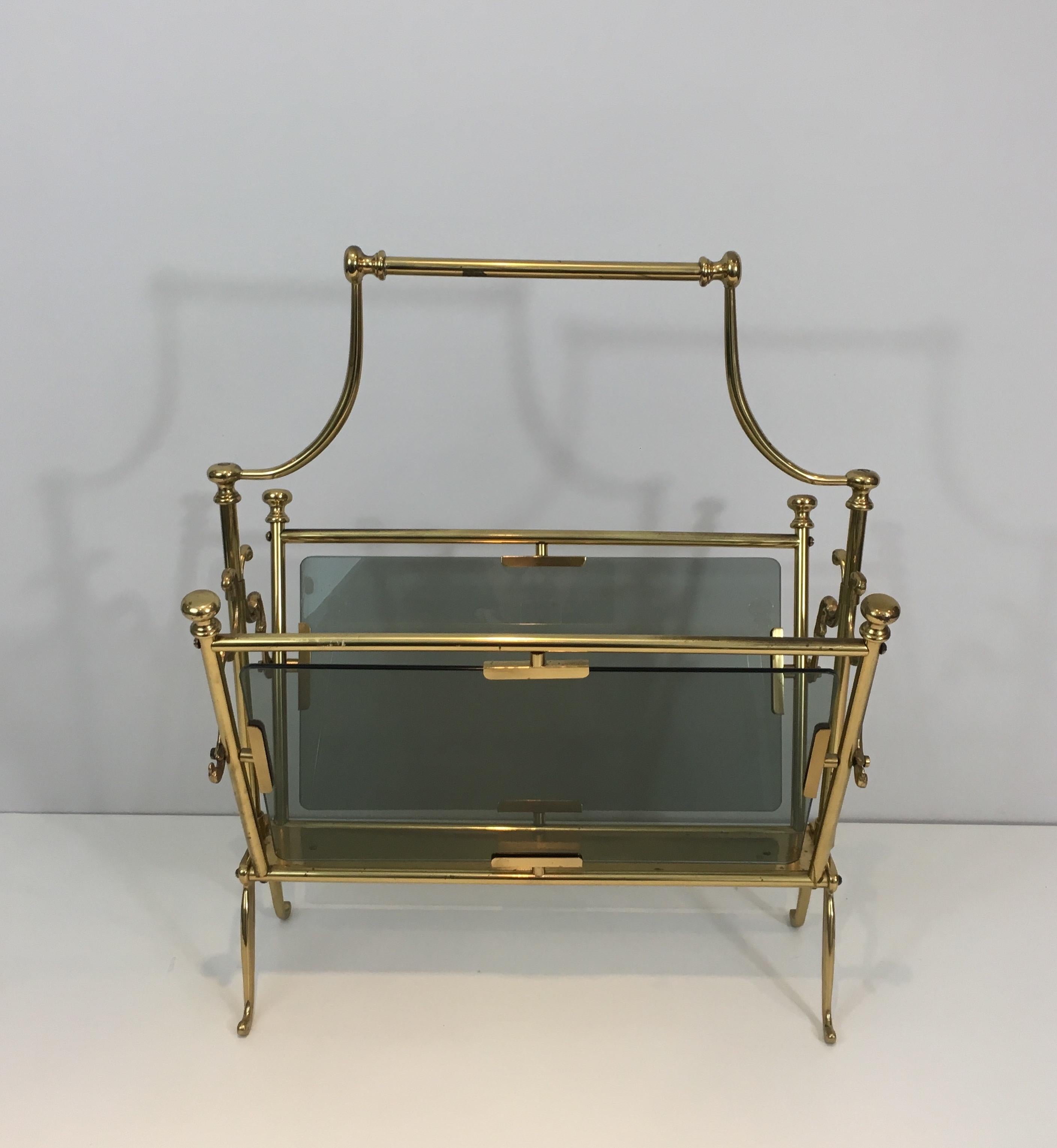 Neoclassical Brass Magazine Rack with Blueish Glass Panels, French 8
