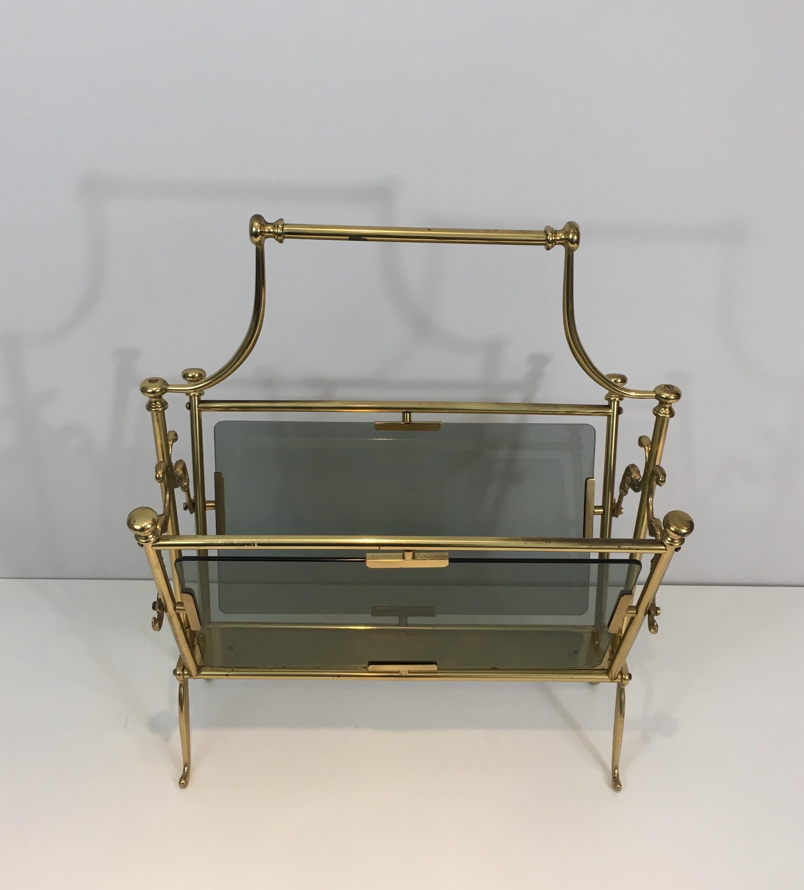 Neoclassical Brass Magazine Rack with Blueish Glass Panels, French 9