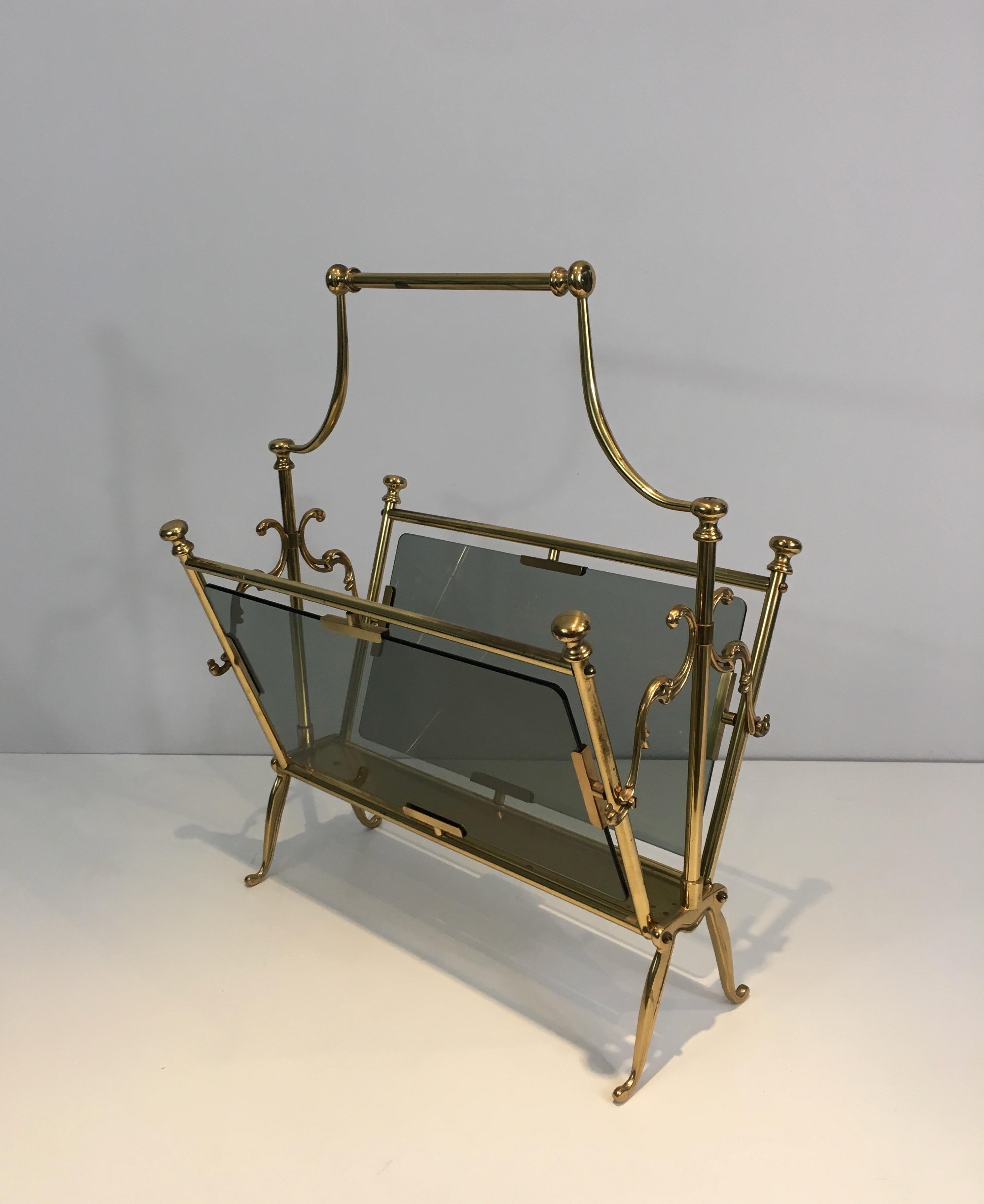 Neoclassical Brass Magazine Rack with Blueish Glass Panels, French 10