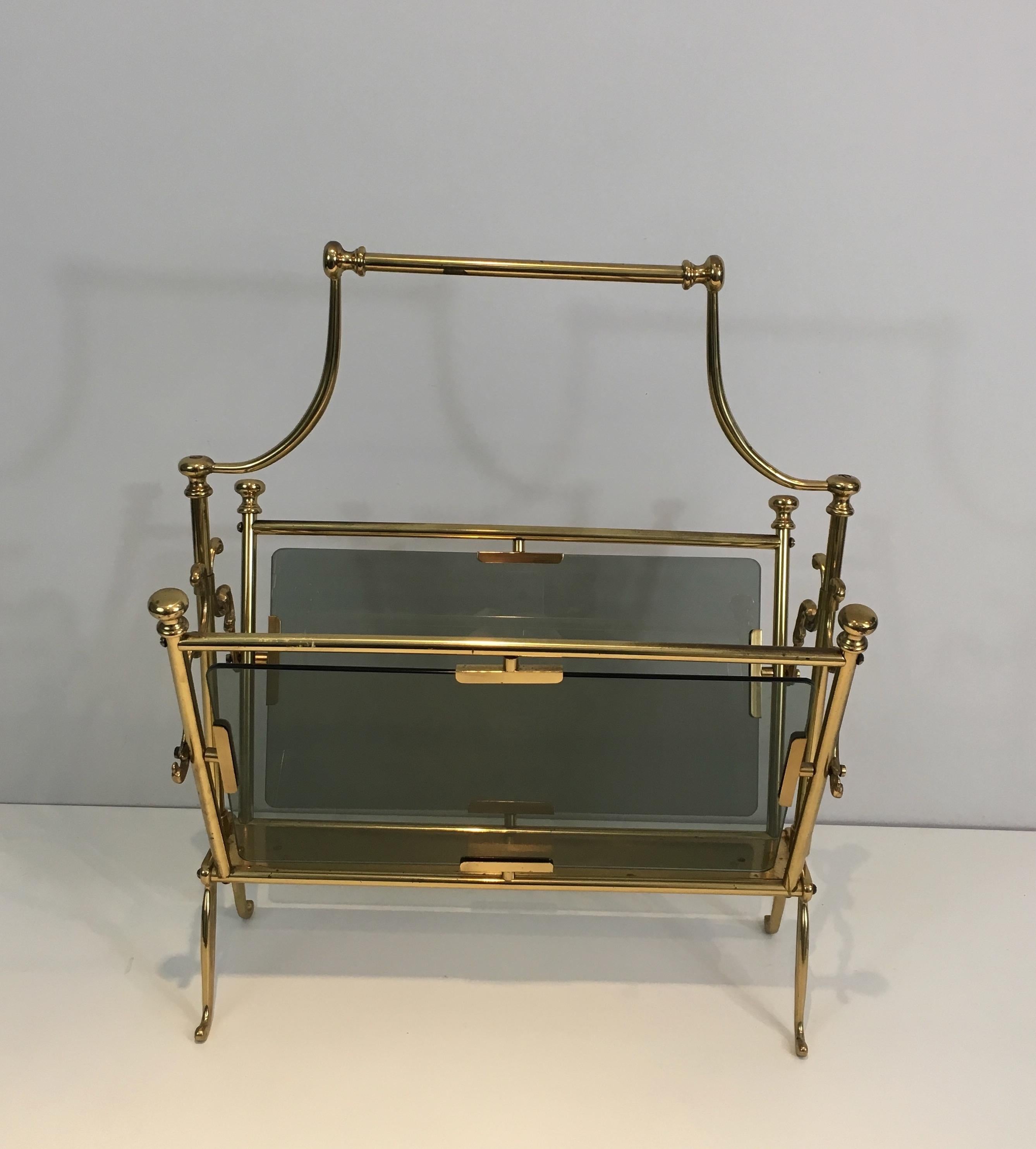 Neoclassical Brass Magazine Rack with Blueish Glass Panels, French 11