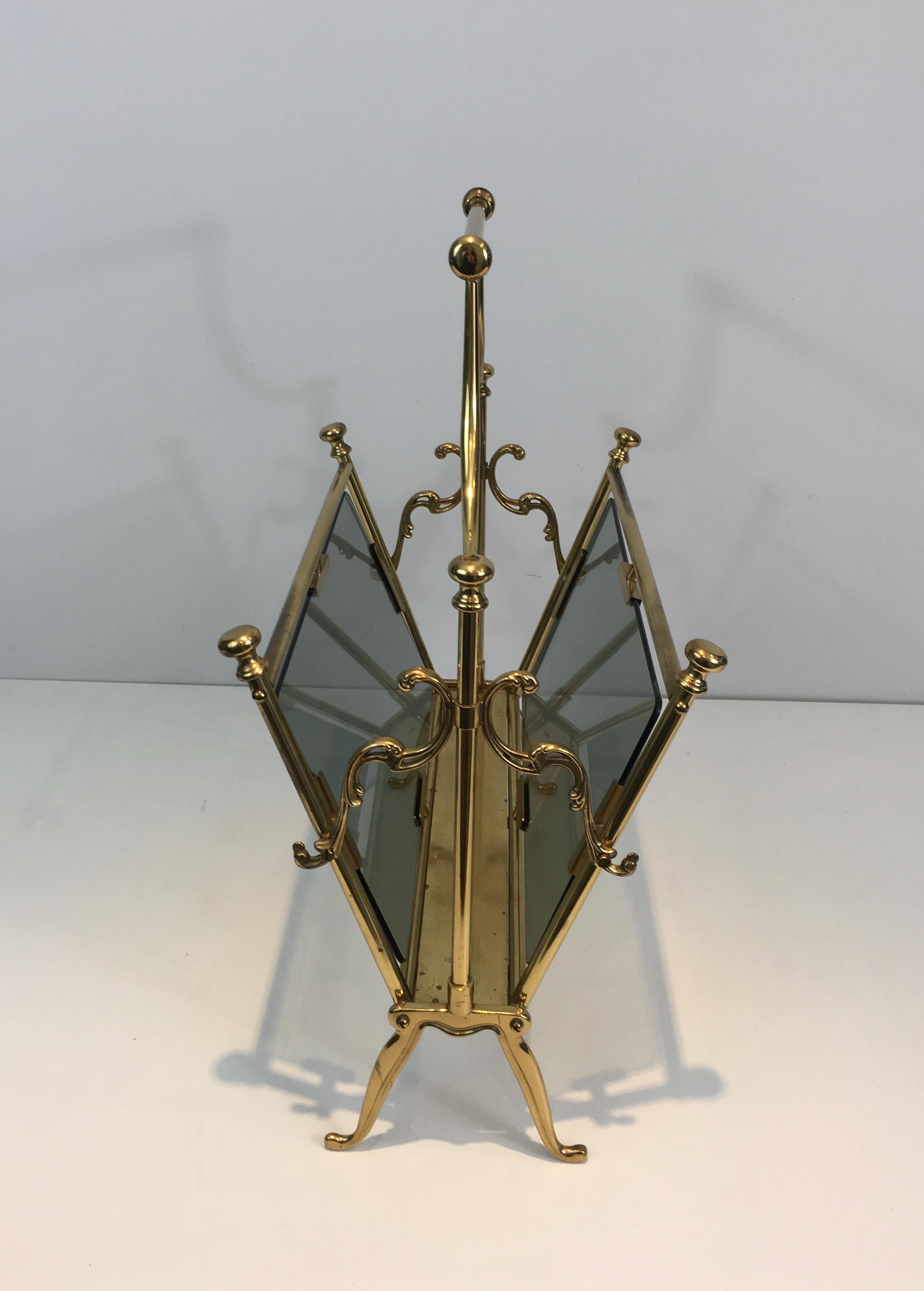 Mid-20th Century Neoclassical Brass Magazine Rack with Blueish Glass Panels, French