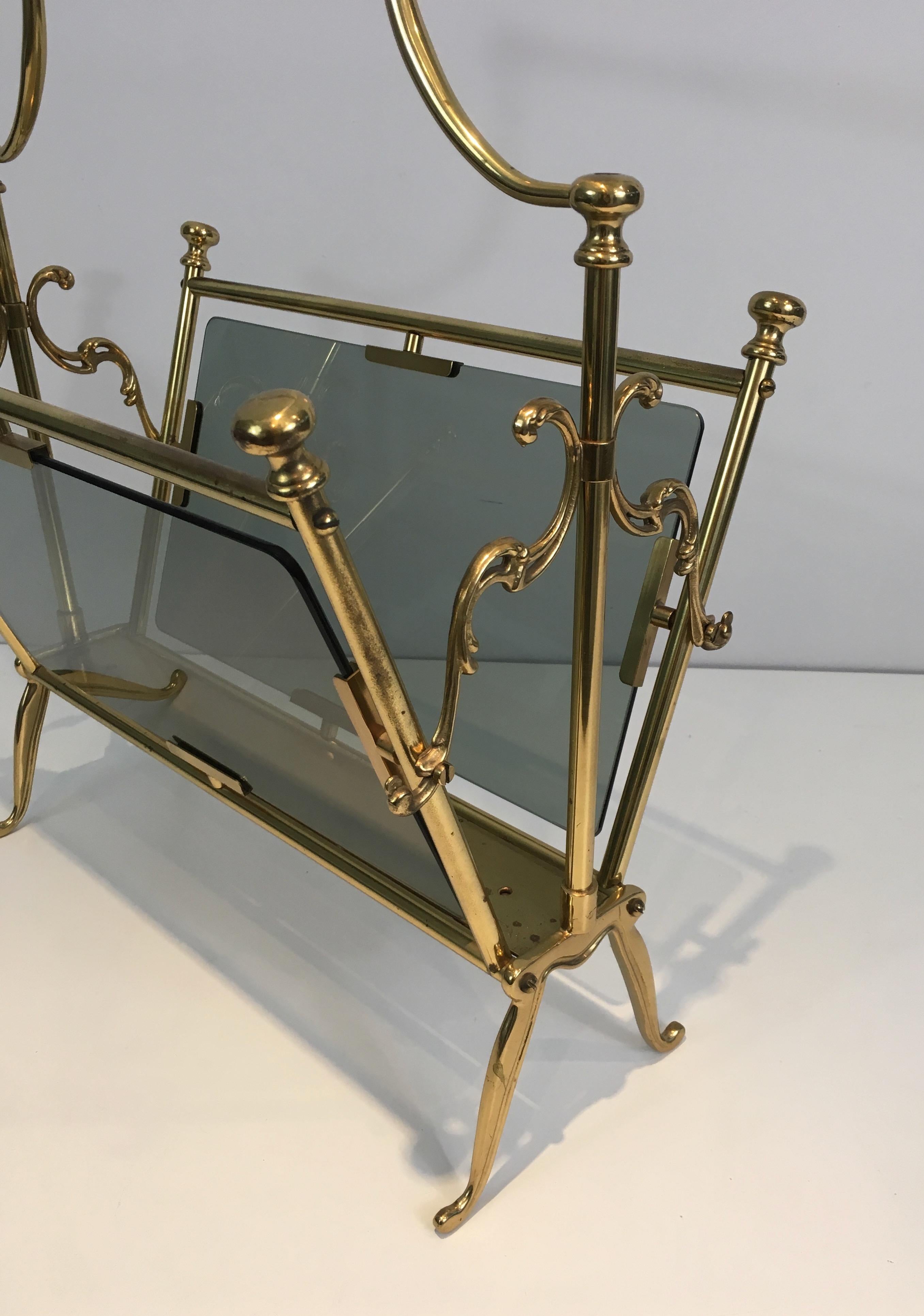 Neoclassical Brass Magazine Rack with Blueish Glass Panels, French 3
