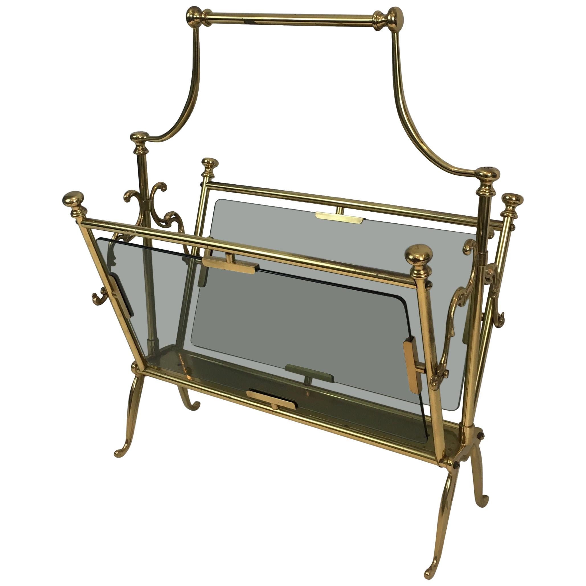 Neoclassical Brass Magazine Rack with Blueish Glass Panels, French