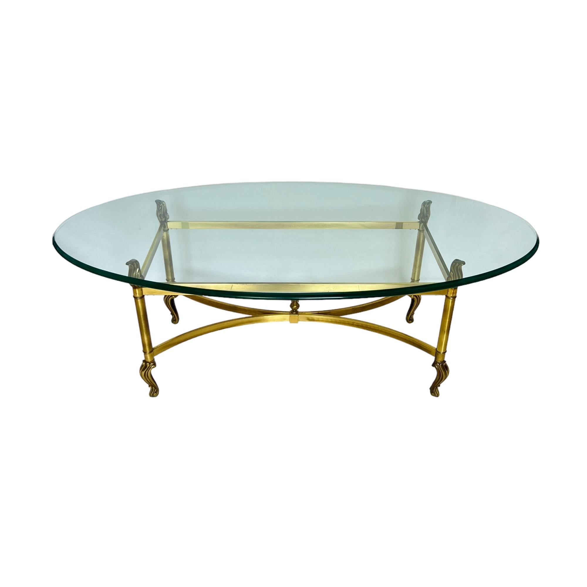 Hollywood Regency Neoclassical Brass Oval Glass Top Coffee Table, Late 20th C.