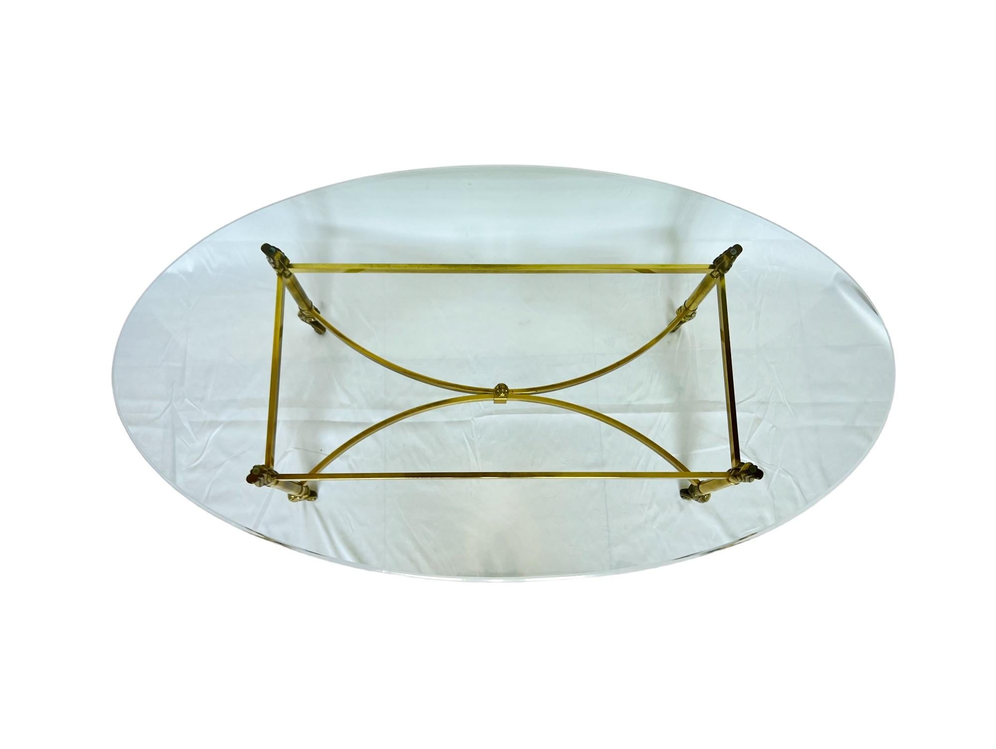 American Neoclassical Brass Oval Glass Top Coffee Table, Late 20th C.