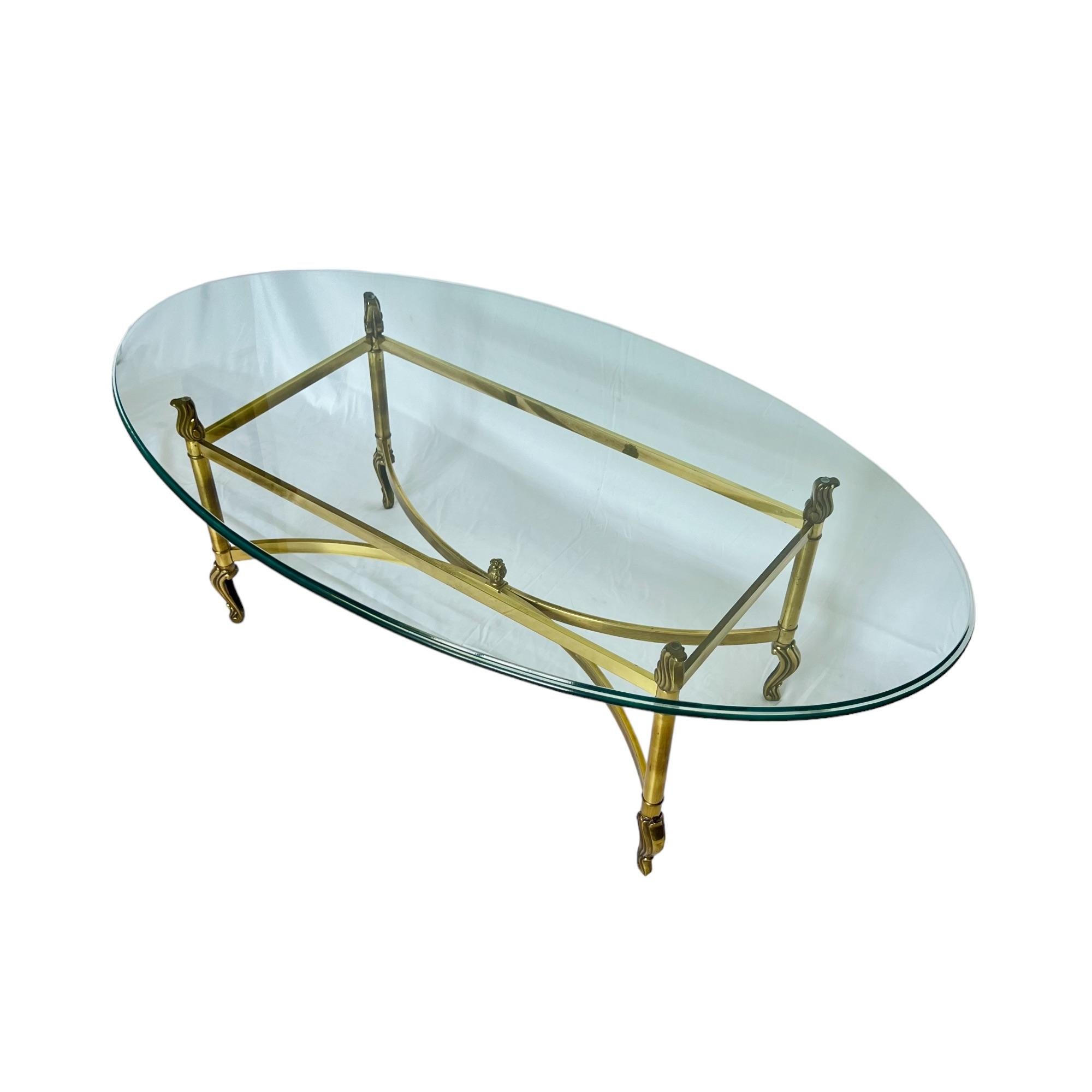 Beveled Neoclassical Brass Oval Glass Top Coffee Table, Late 20th C.