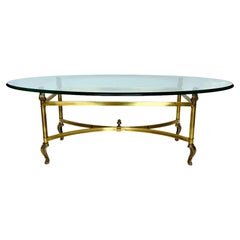Retro Neoclassical Brass Oval Glass Top Coffee Table, Late 20th C.
