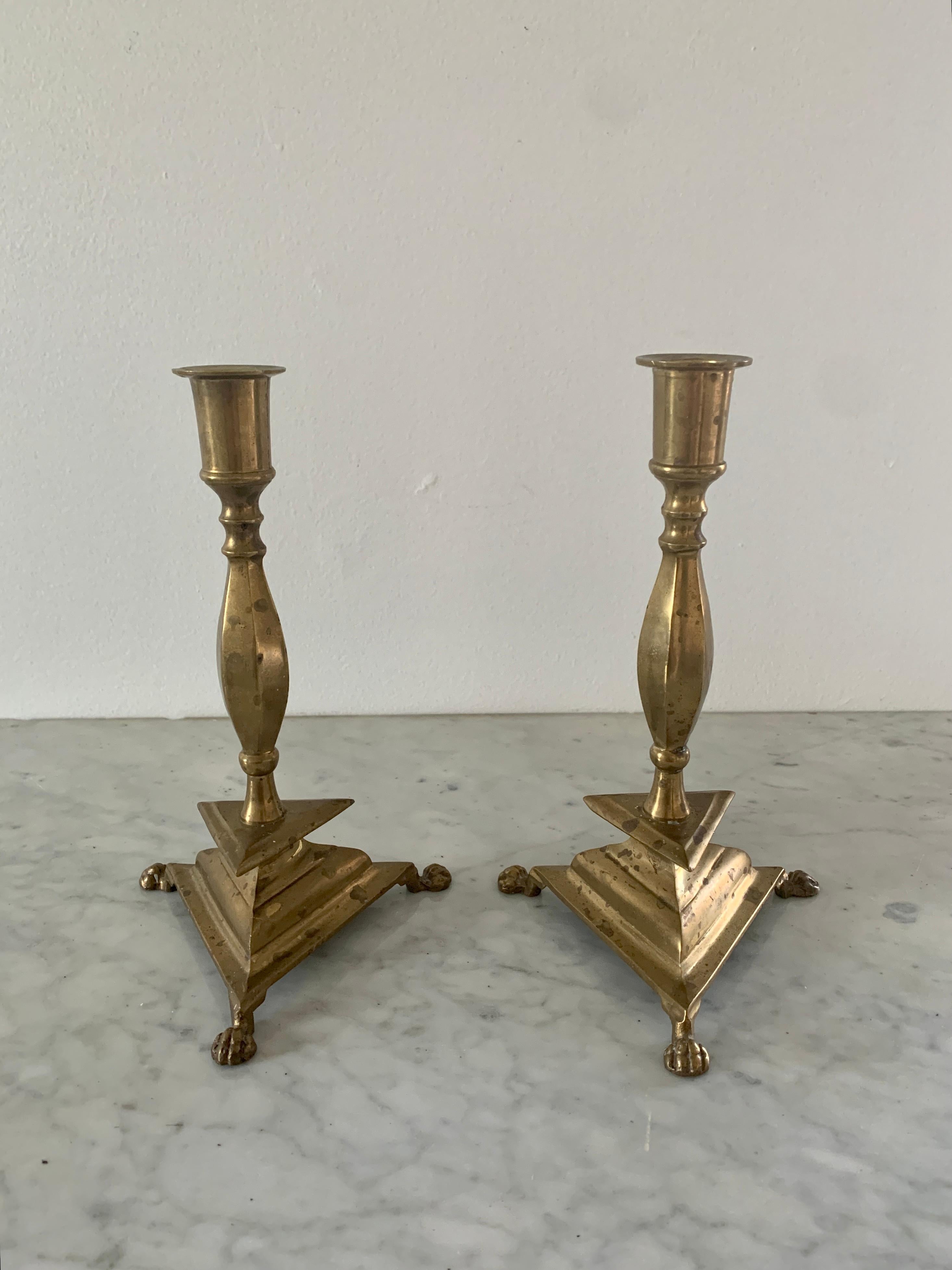 Neoclassical Brass Paw Foot Candlestick Holders, Pair In Good Condition For Sale In Elkhart, IN