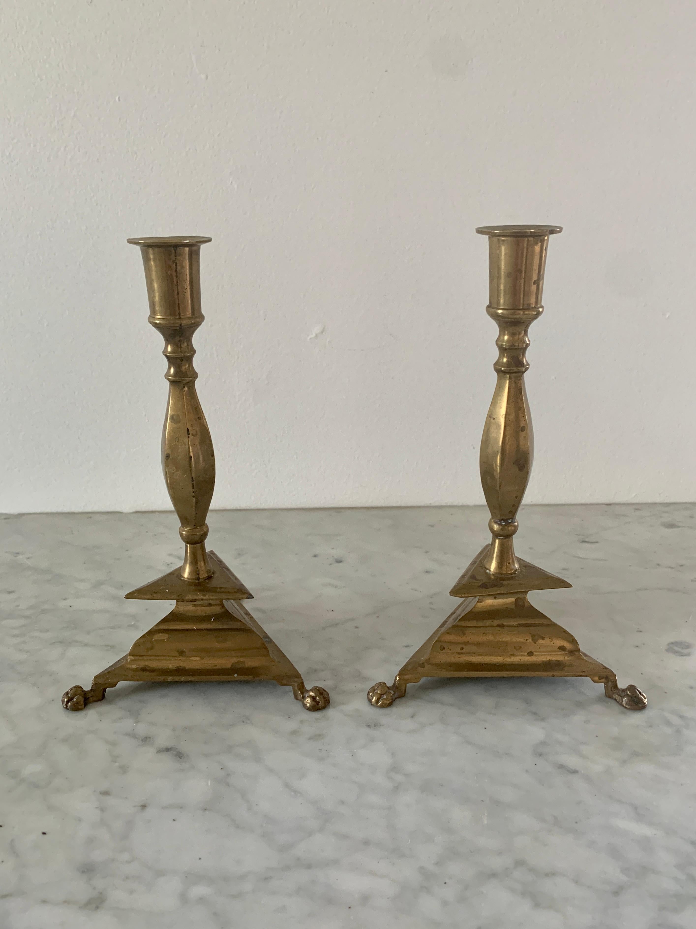 20th Century Neoclassical Brass Paw Foot Candlestick Holders, Pair For Sale