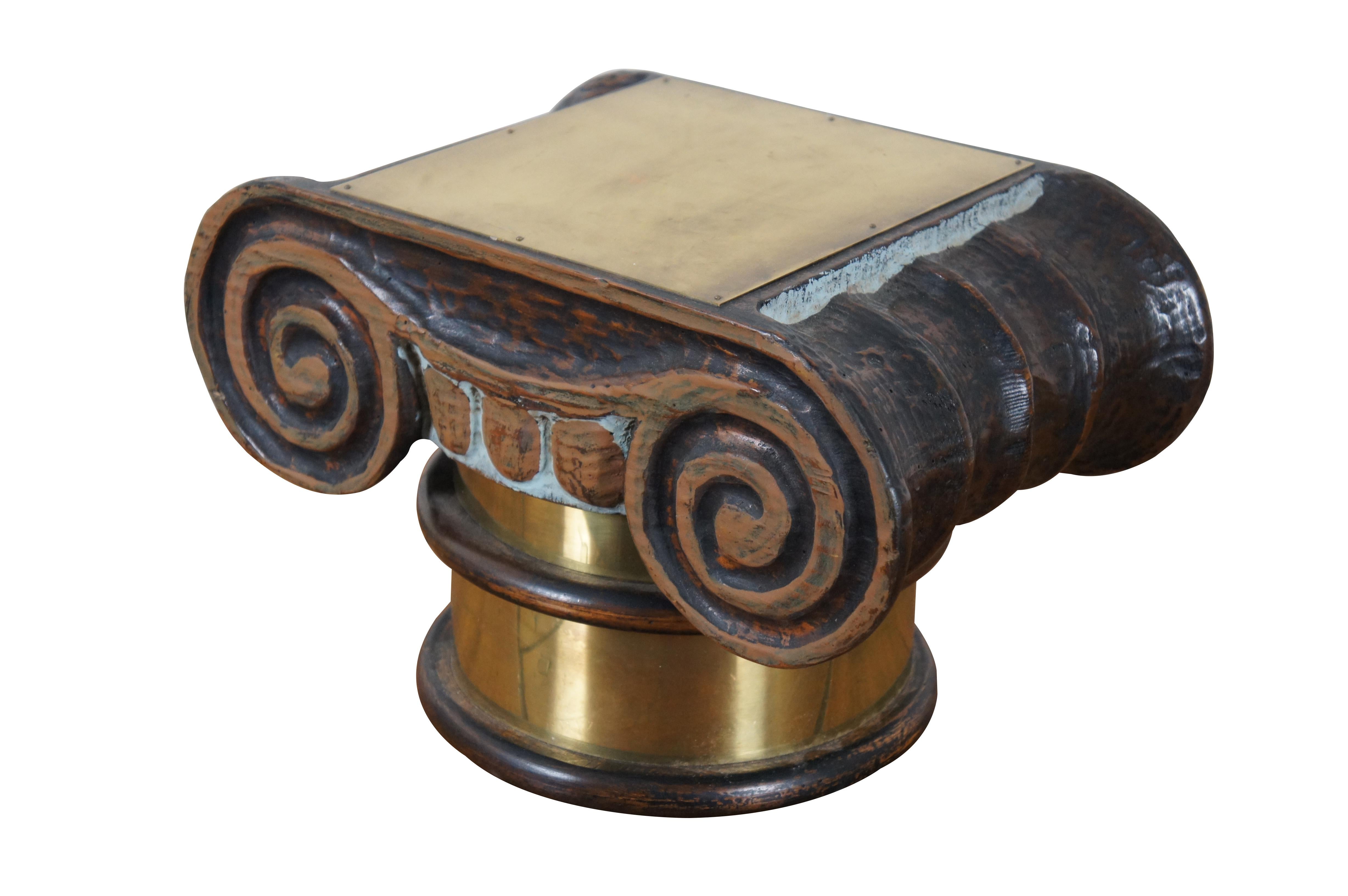 Vintage architectural / Neoclassical style plant stand / book / library / sculpture / display pedestal in the shape of the capital of an ionic corinthian column. Made of composite / resin painted in shades of brown, roughly resembling wood, with