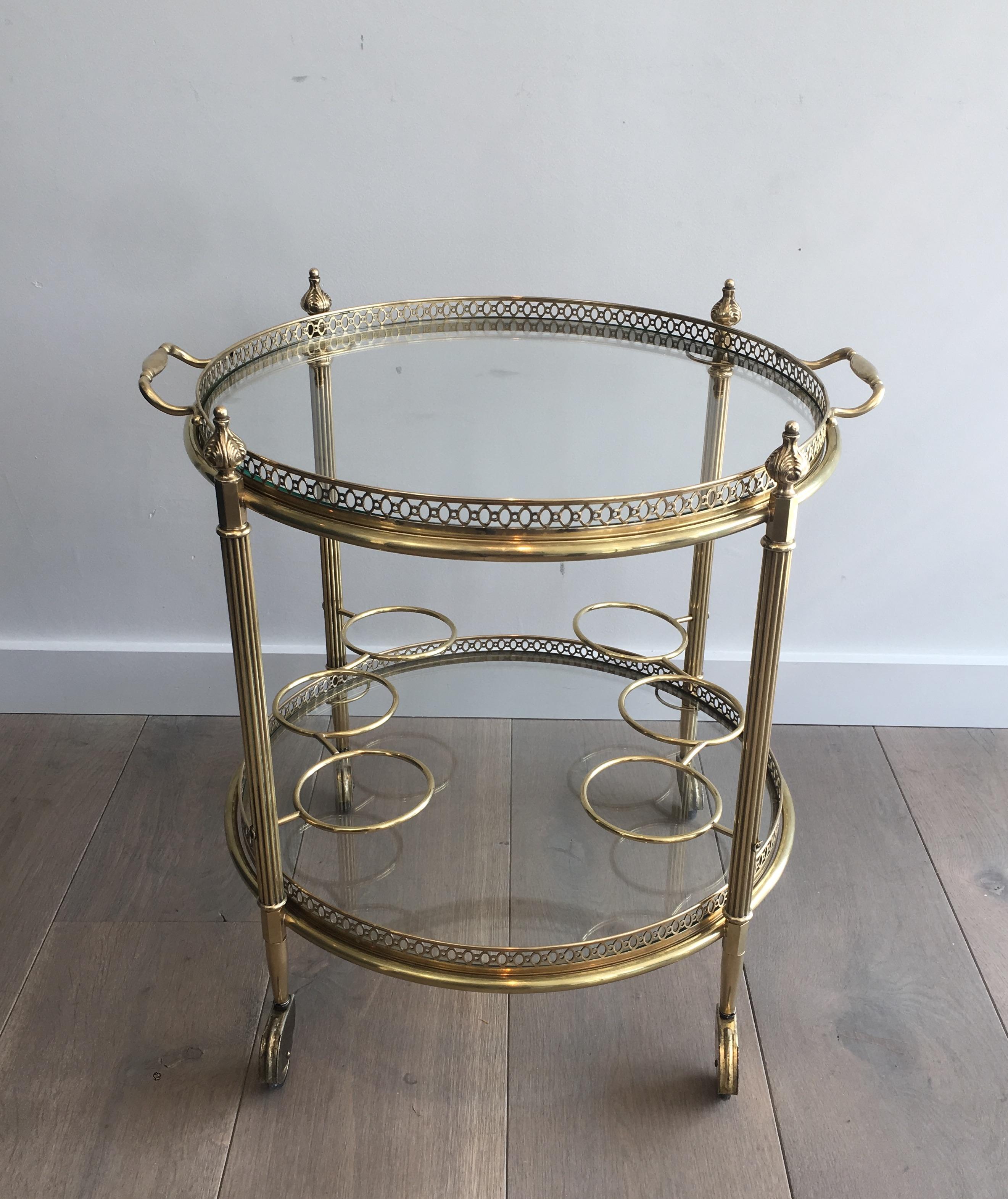 Mid-20th Century Neoclassical Brass Round Bar Cart, French, circa 1940 For Sale