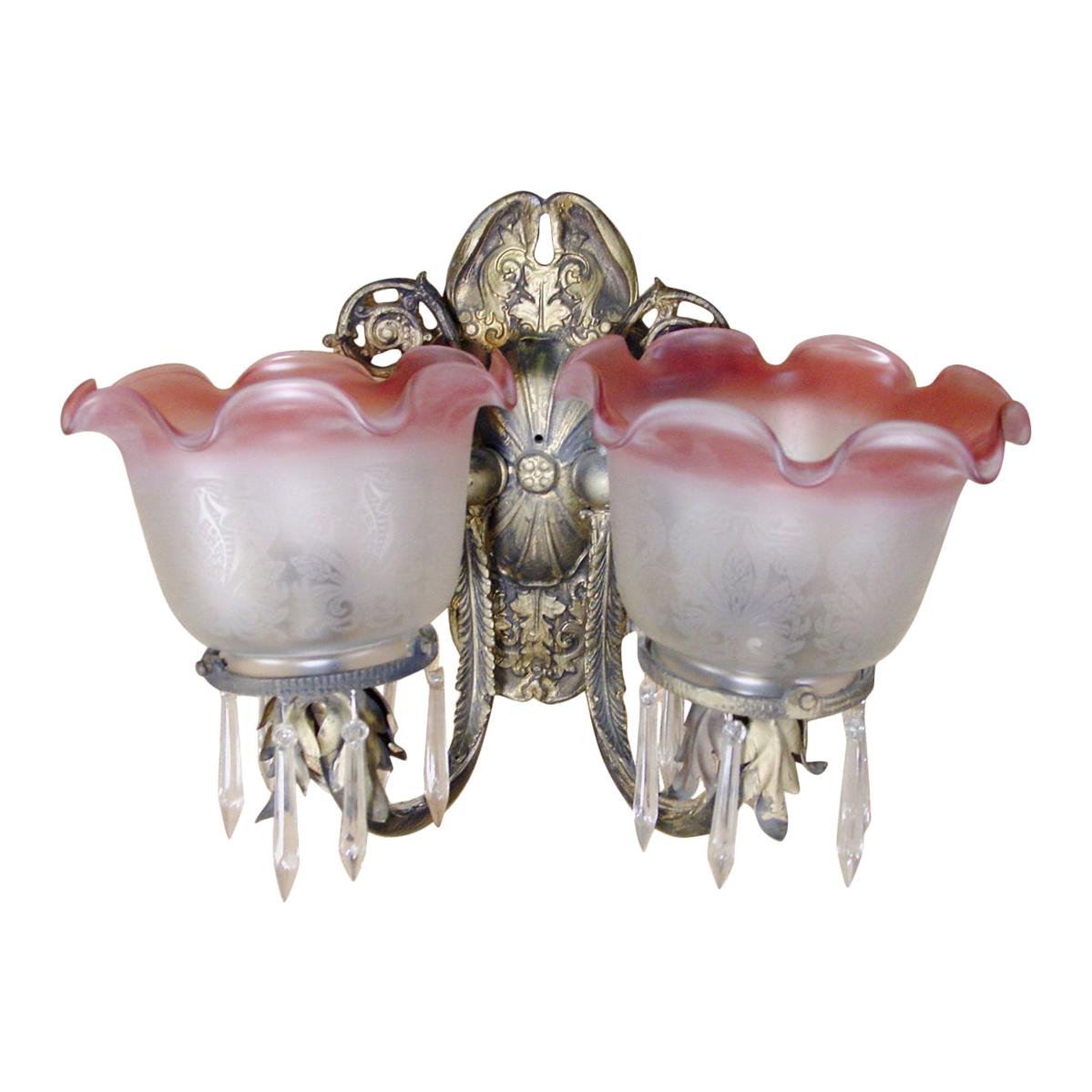 Neoclassical Brass Sconce with Acid Etched Rose Shades For Sale
