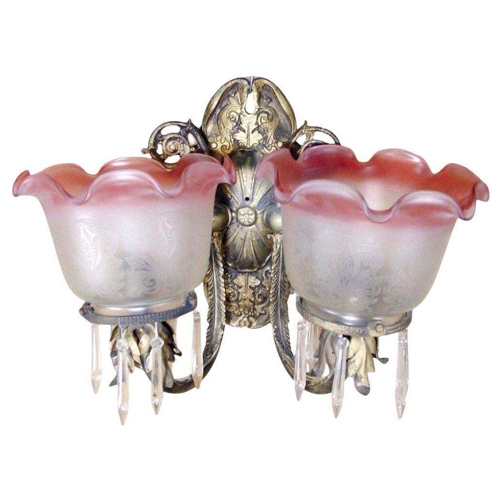 Neoclassical Brass Sconce With Acid Etched Rose Shades