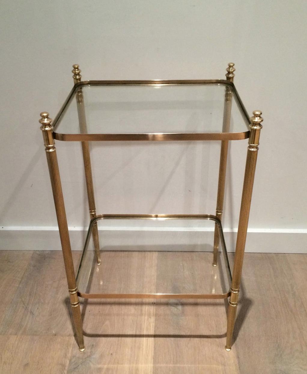 This neoclassical style pair of side tables is made of brass with 2 glass shelves. This is a French work, in the style of famous Maison Jansen, circa 1940.