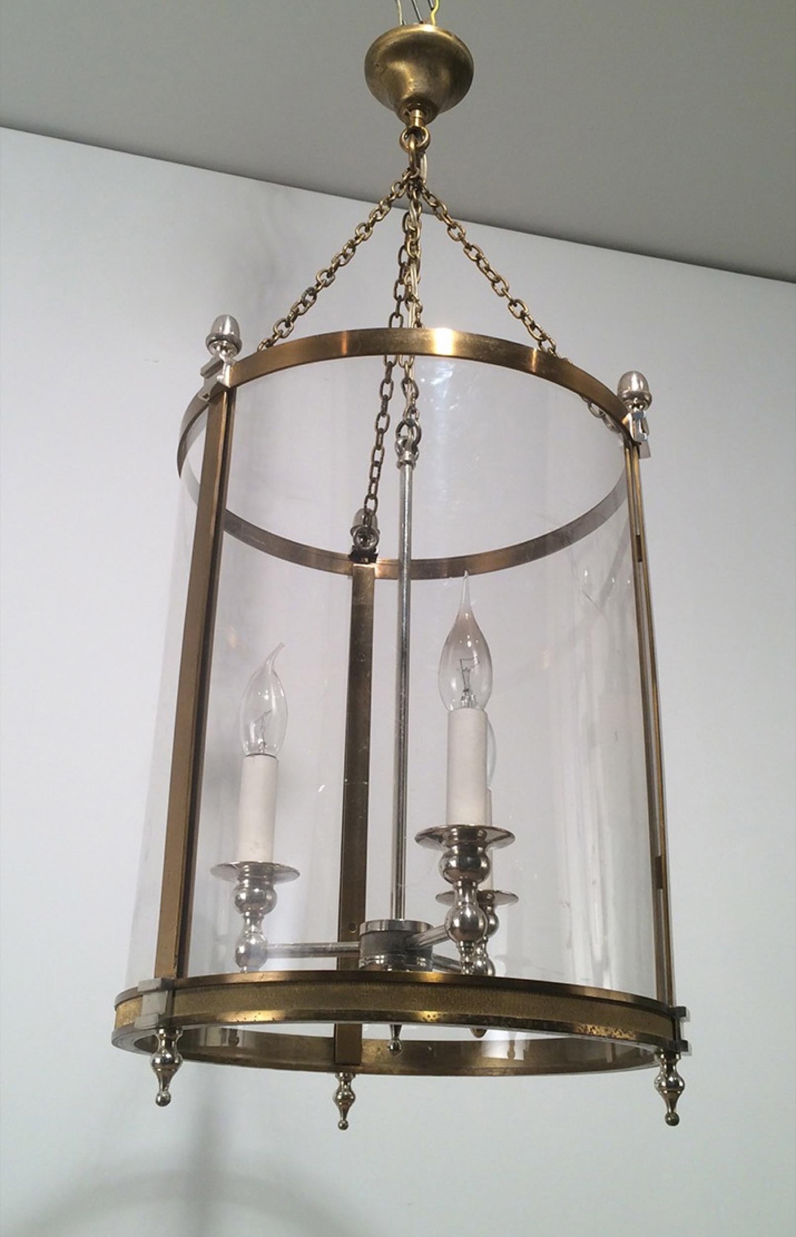 Neoclassical Brass & Silver Plated Lantern with Strong Rounded Faux-Glass Plast For Sale 4