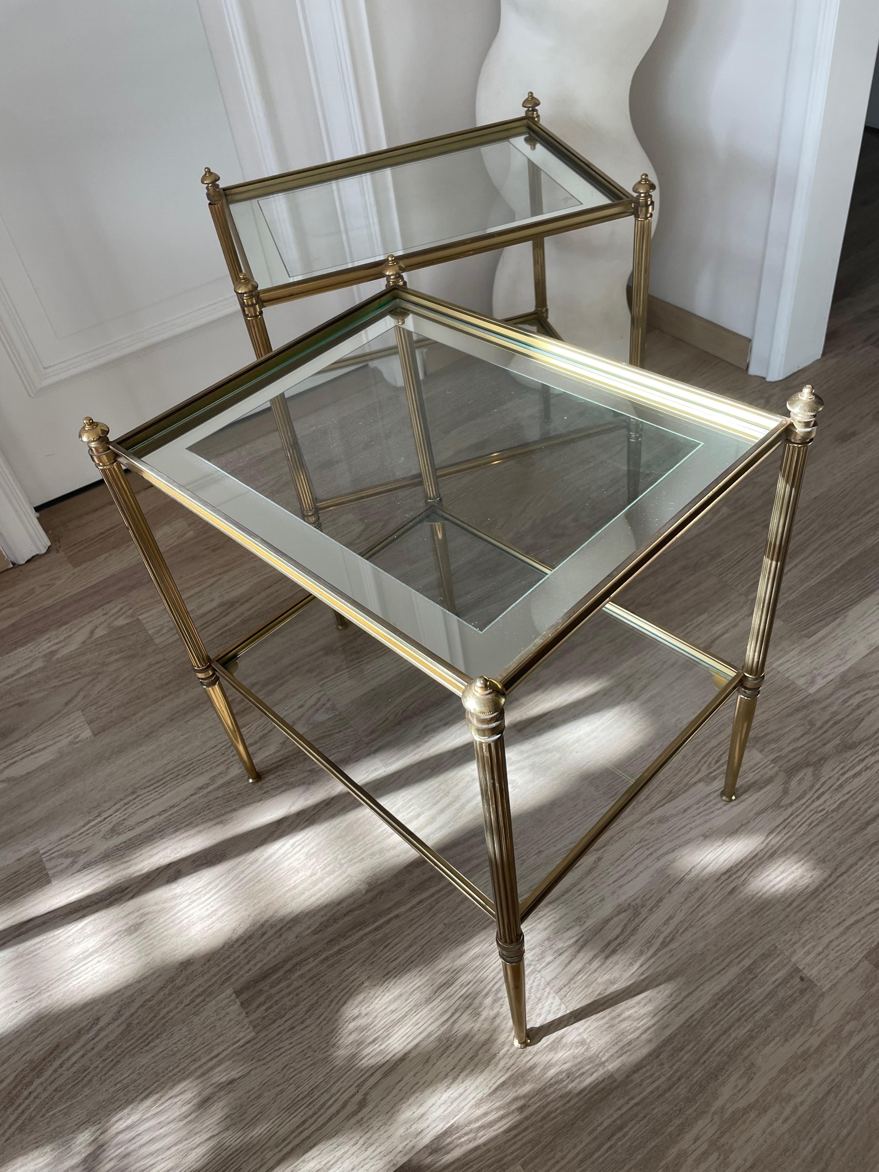 Neoclassical Brass Two Tiers Side Tables by Maison Charles, France 1970. In Good Condition For Sale In Brussels, BE