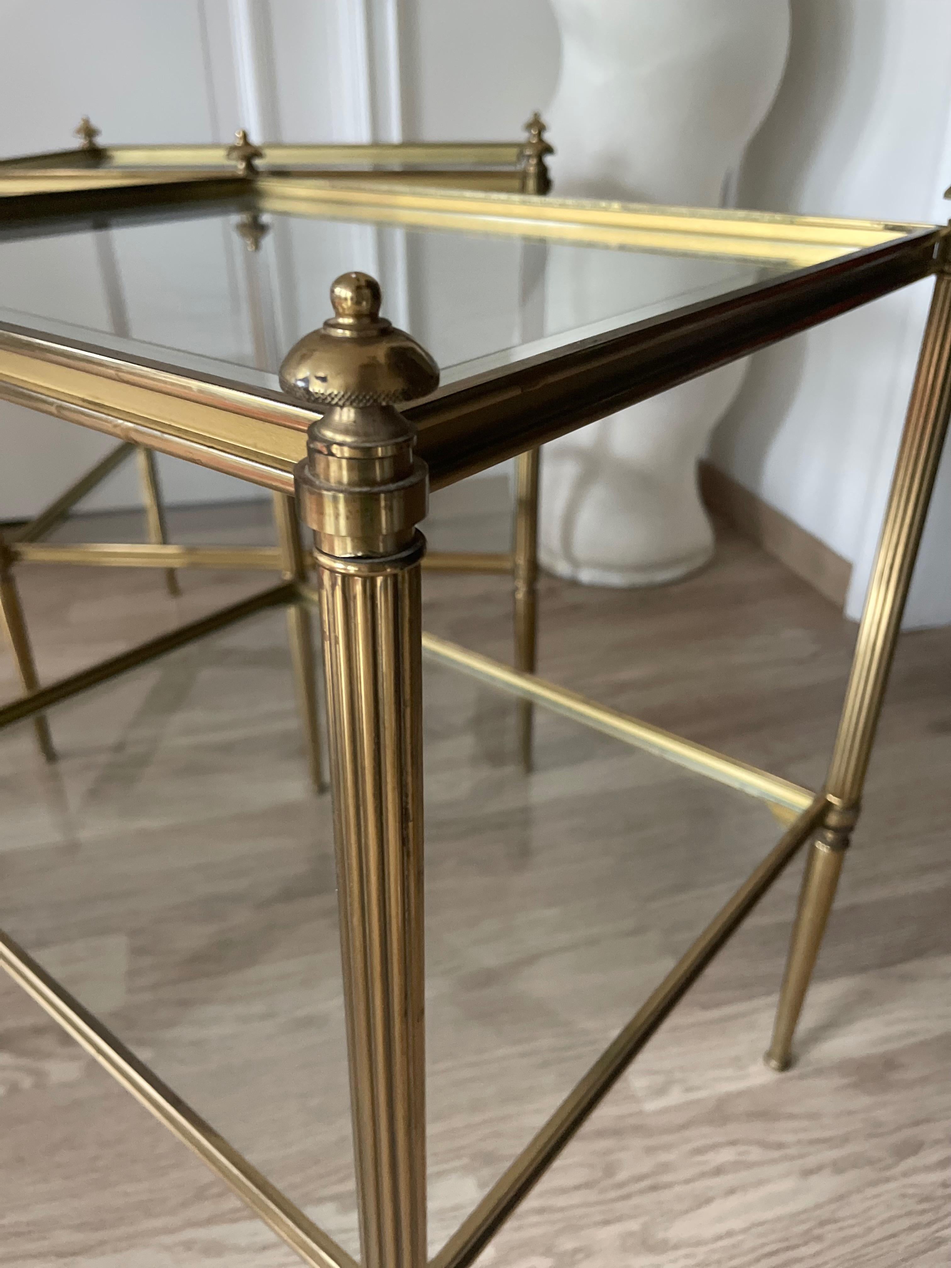 Late 20th Century Neoclassical Brass Two Tiers Side Tables by Maison Charles, France 1970. For Sale