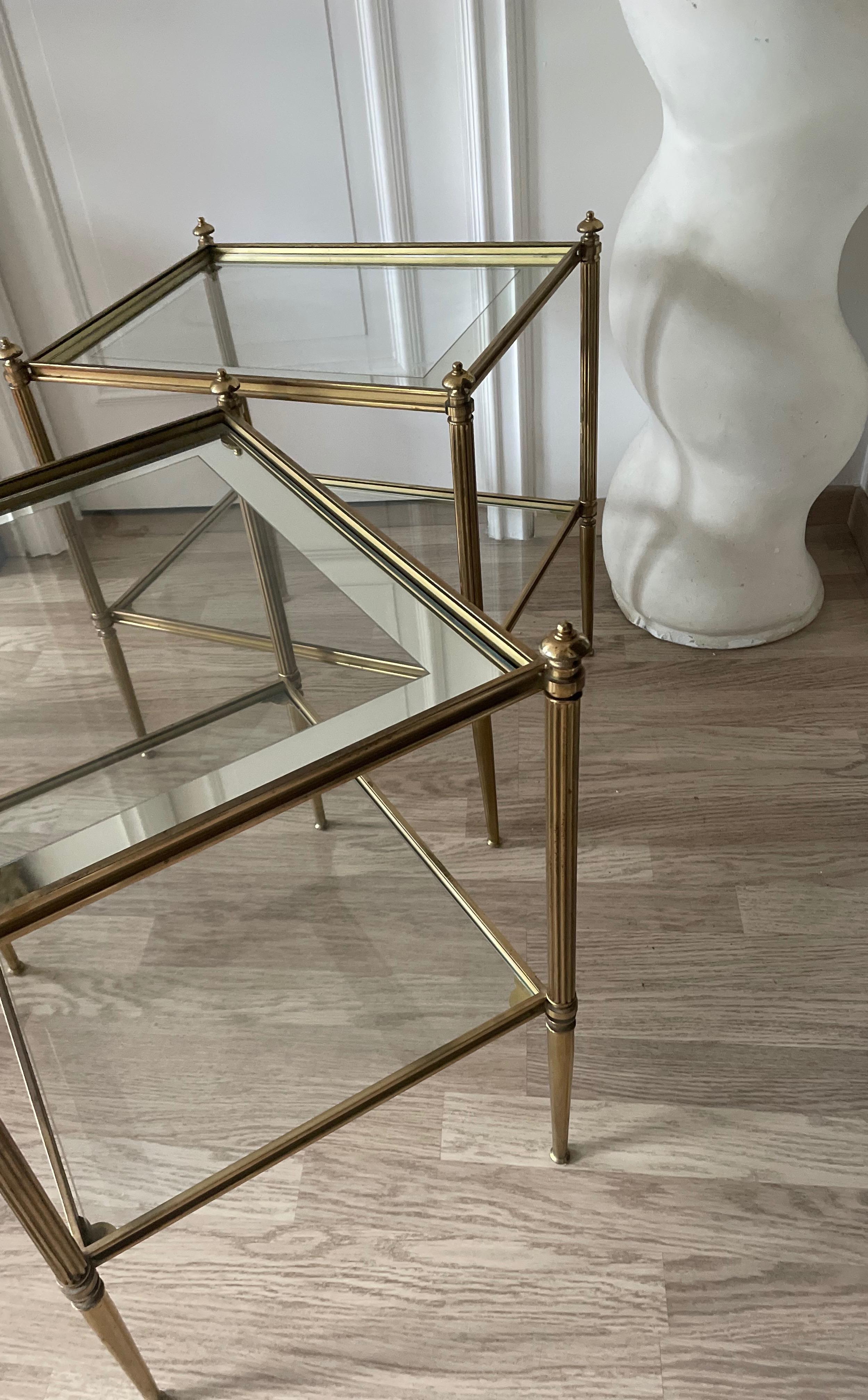 Neoclassical Brass Two Tiers Side Tables by Maison Charles, France 1970. For Sale 2