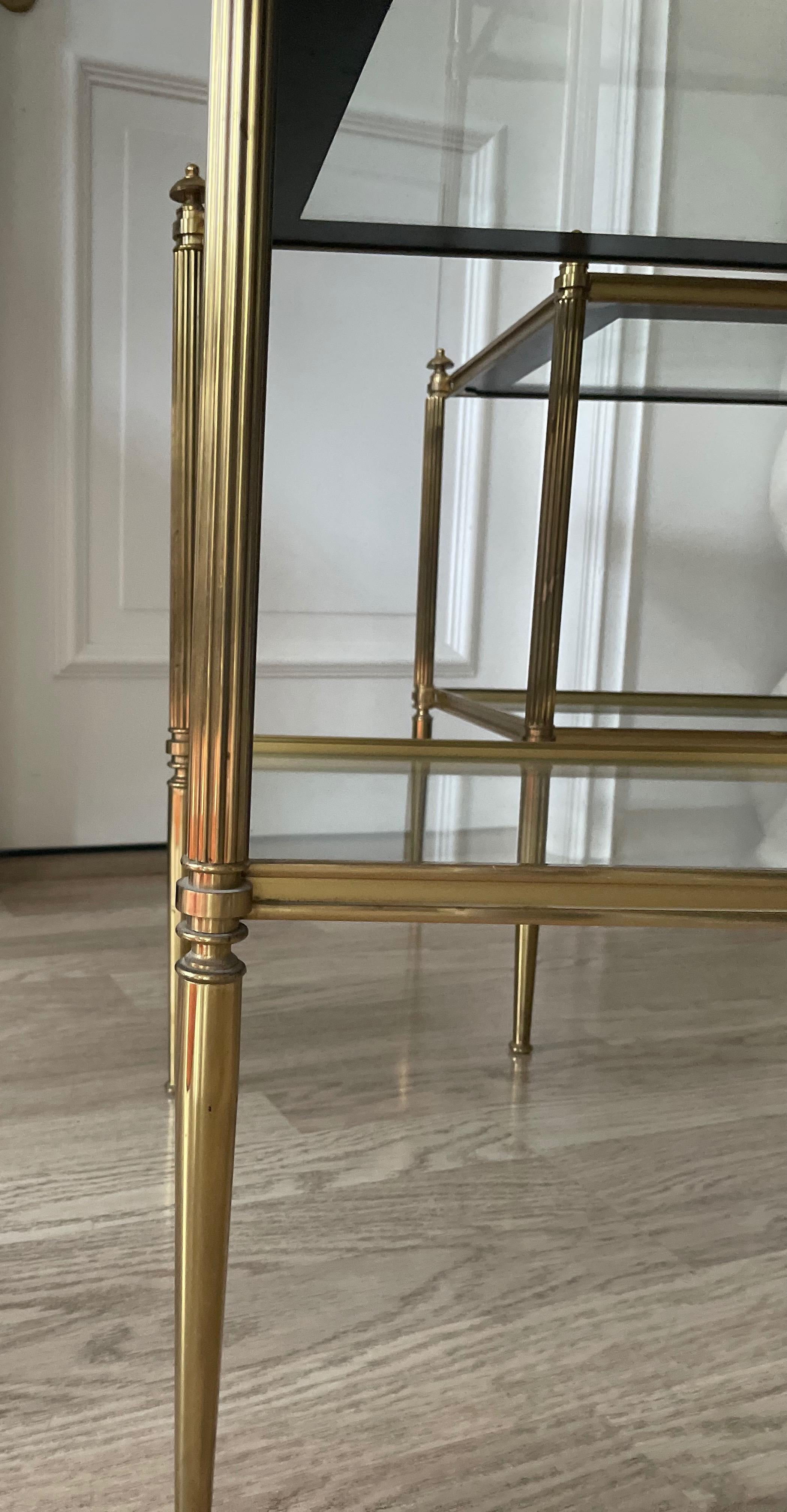 Neoclassical Brass Two Tiers Side Tables by Maison Charles, France 1970. For Sale 4