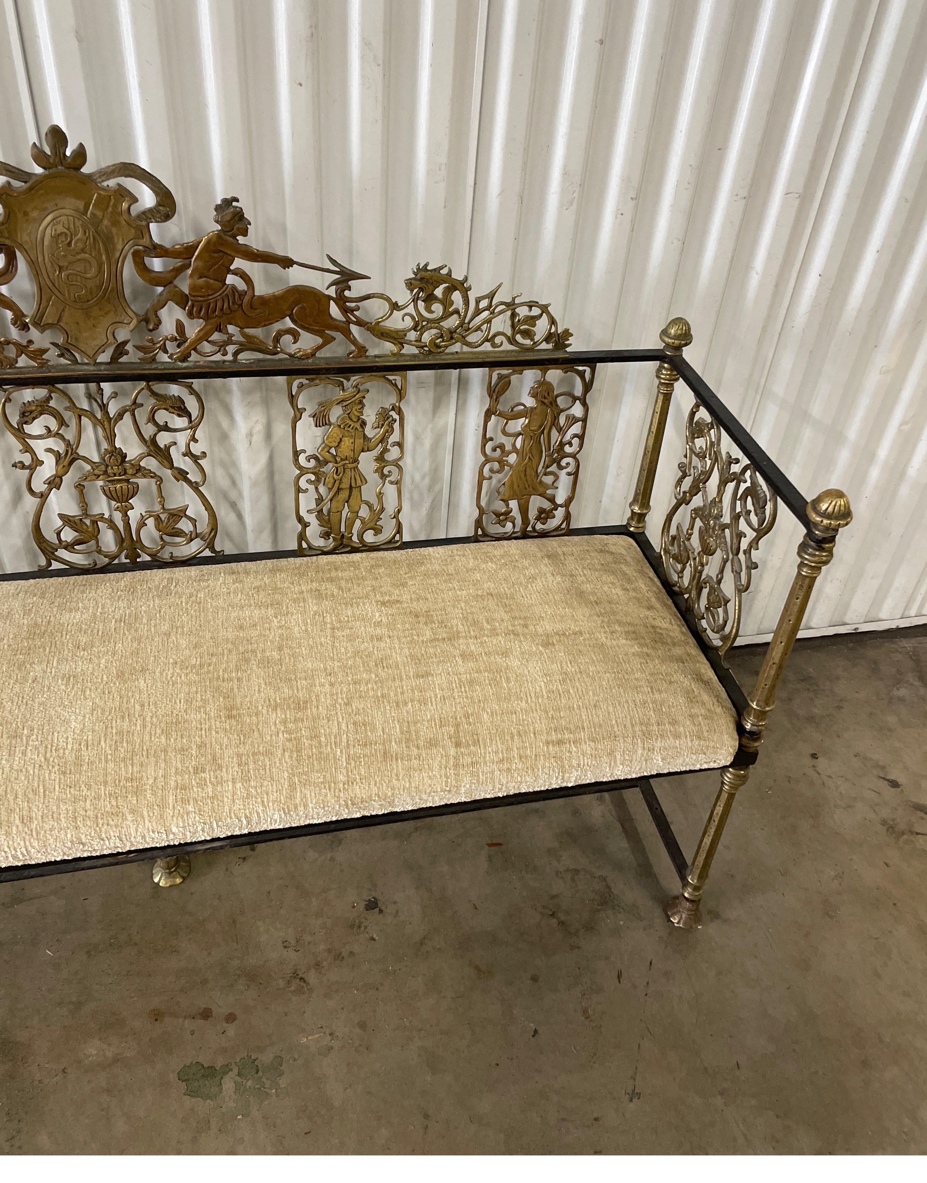 American Neoclassical Brass & Wrought Iron Antique Bench For Sale