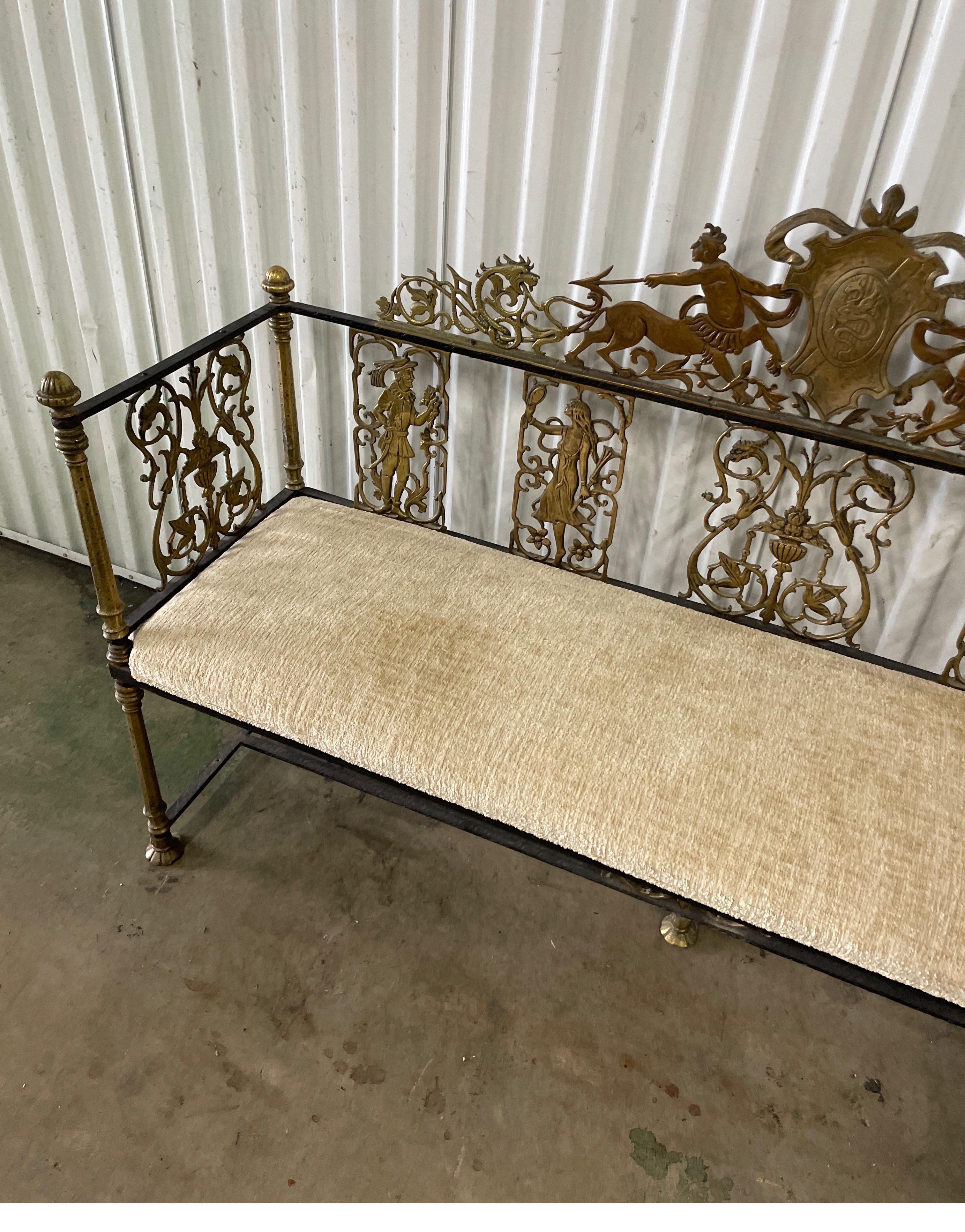 Neoclassical Brass & Wrought Iron Antique Bench In Good Condition For Sale In West Palm Beach, FL