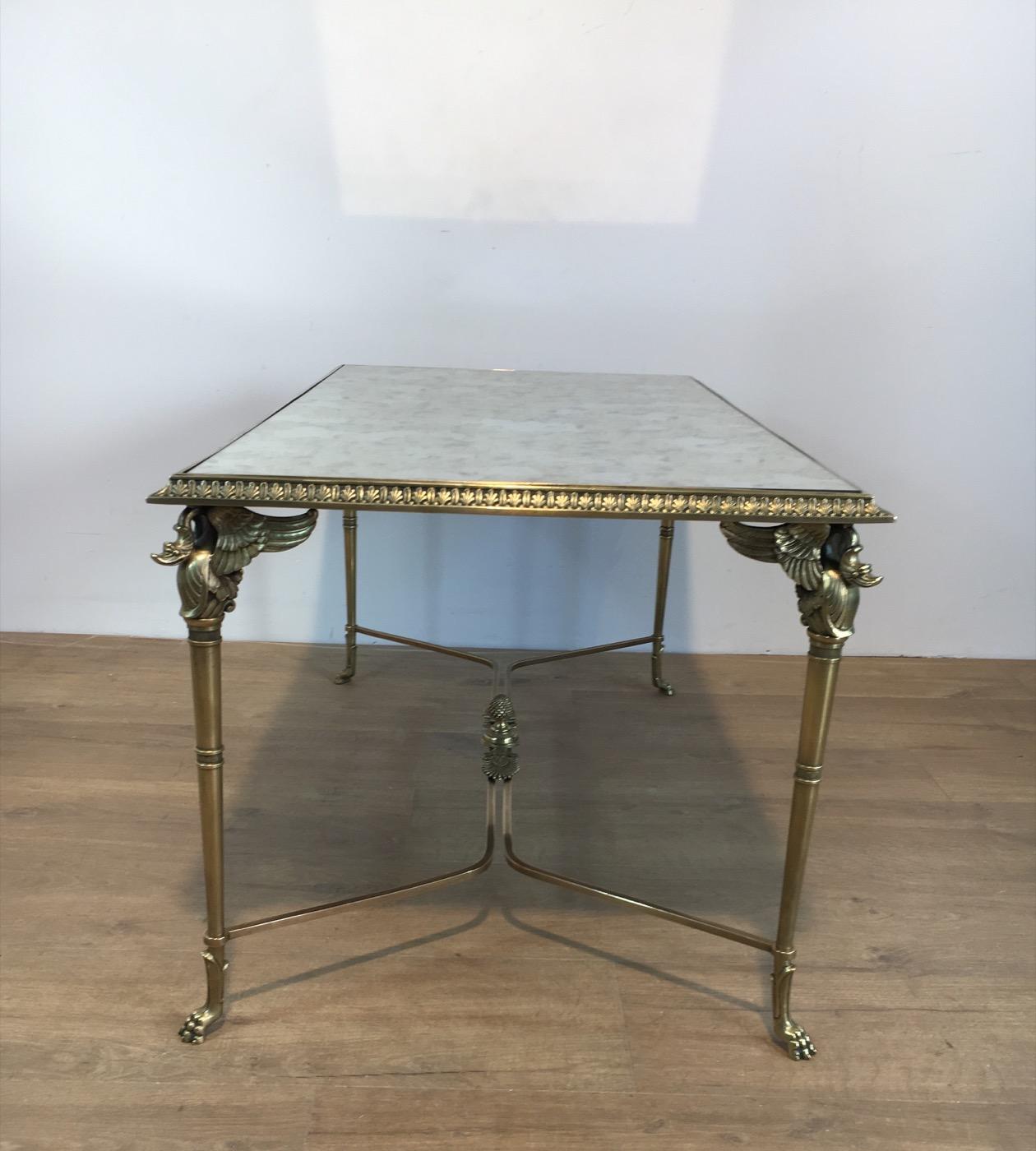 Neoclassical Bronze and Brass Coffee Table with Swanheads & Faux-Antique Mirrors 2