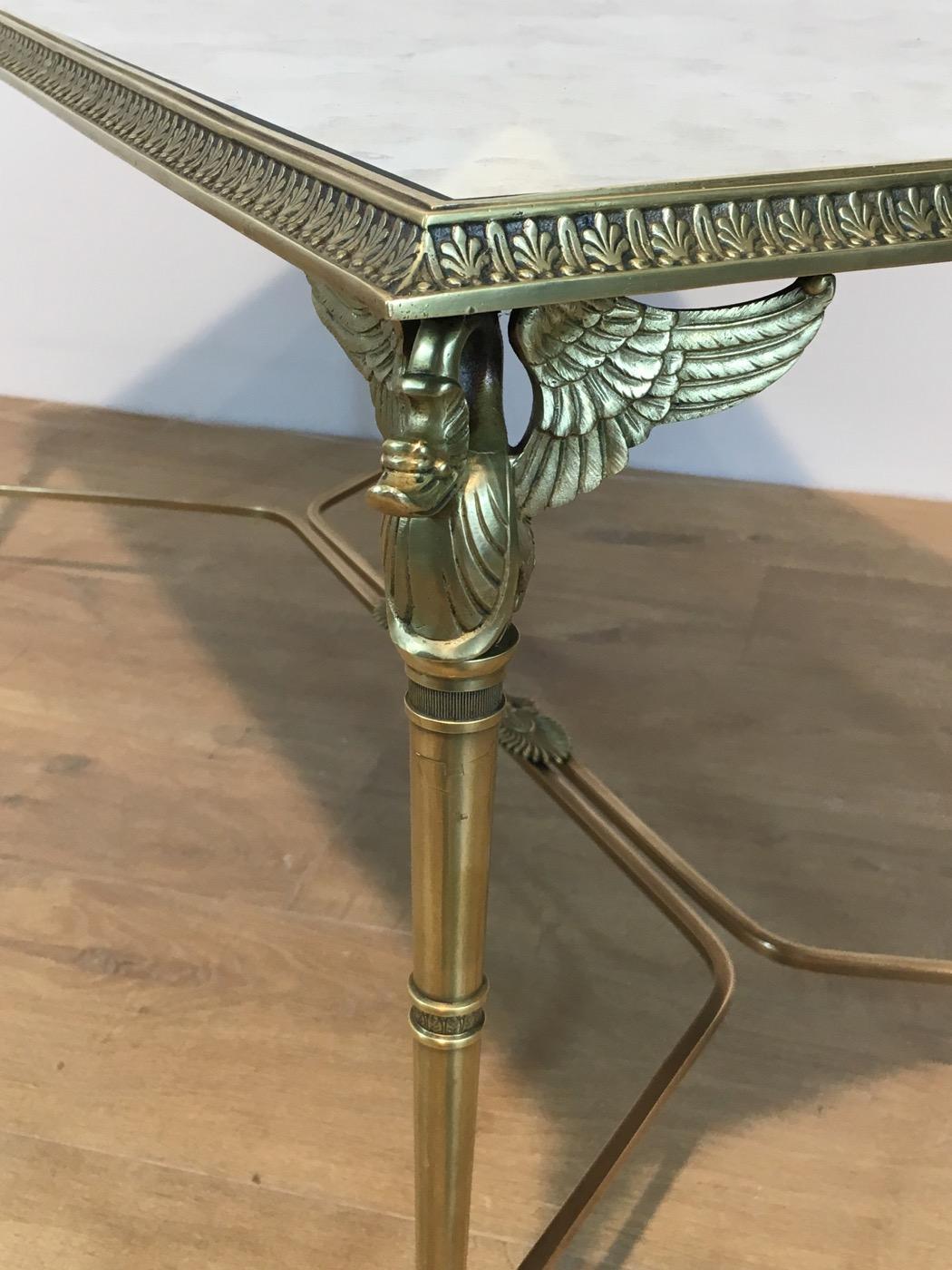 Neoclassical Bronze and Brass Coffee Table with Swanheads & Faux-Antique Mirrors 3