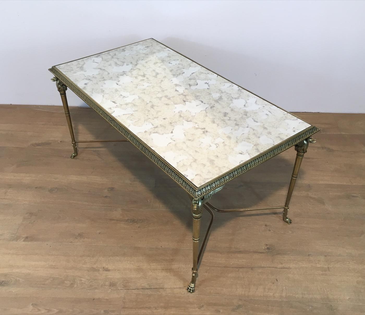 Neoclassical Bronze and Brass Coffee Table with Swanheads & Faux-Antique Mirrors 4