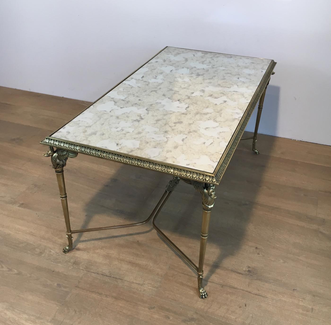 Neoclassical Bronze and Brass Coffee Table with Swanheads & Faux-Antique Mirrors 5