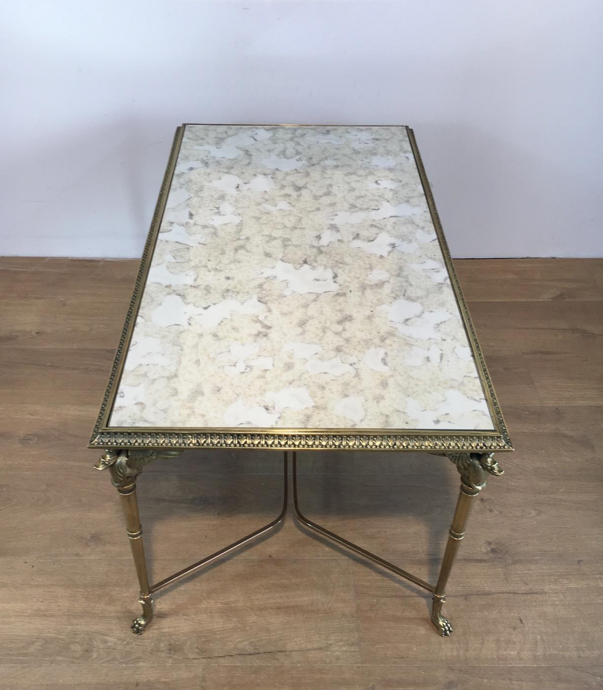 Neoclassical Bronze and Brass Coffee Table with Swanheads & Faux-Antique Mirrors 7