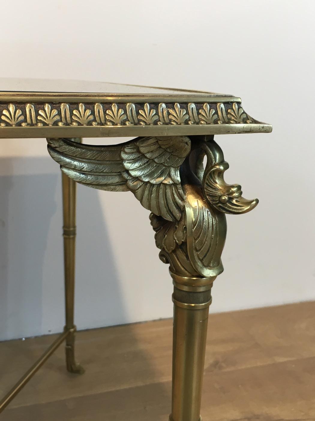 French Neoclassical Bronze and Brass Coffee Table with Swanheads & Faux-Antique Mirrors