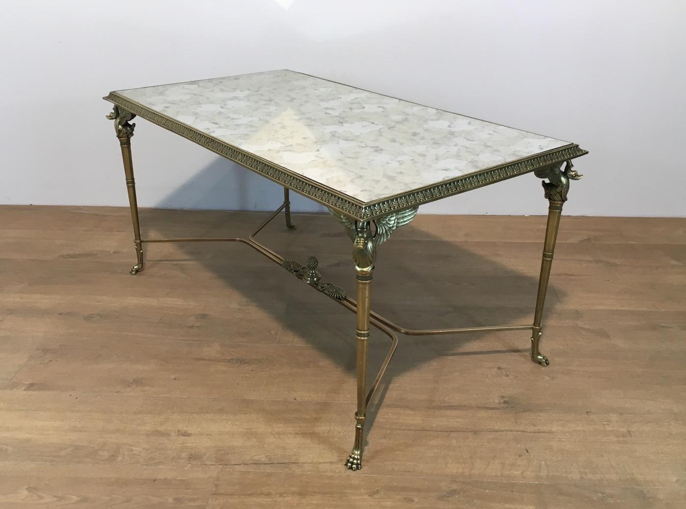 Mid-20th Century Neoclassical Bronze and Brass Coffee Table with Swanheads & Faux-Antique Mirrors