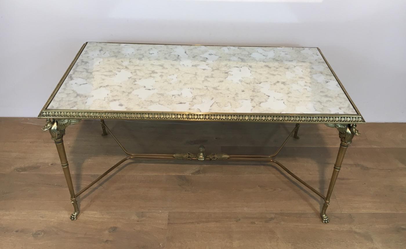 Neoclassical Bronze and Brass Coffee Table with Swanheads & Faux-Antique Mirrors 1