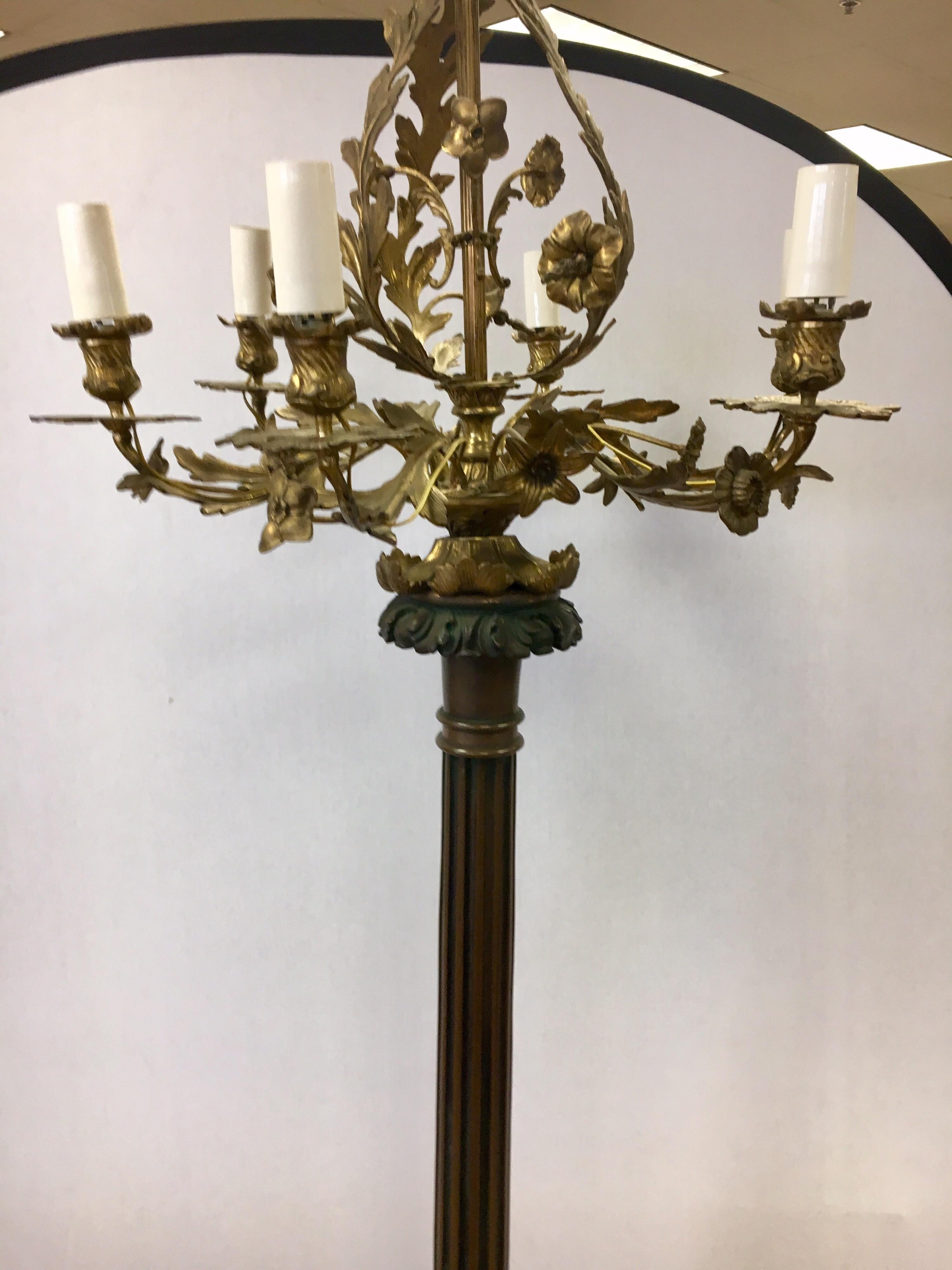Neoclassical Bronze Candelabra Floor Lamp Torchiere Chandelier Style In Fair Condition In West Hartford, CT