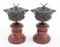 Neoclassical Bronze Covered Urns on Marble, Pair